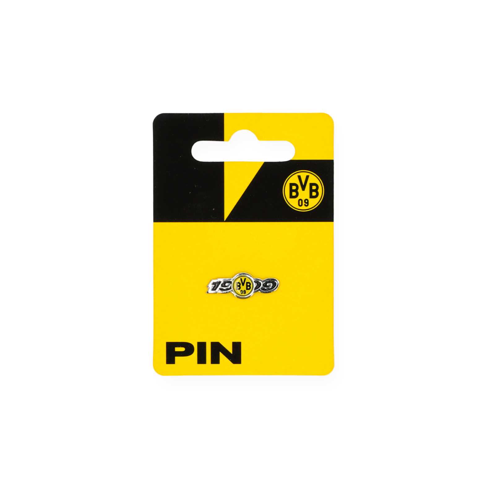 Vorderansicht des 1909-Pins mit BVB-Logo an der schwarzgelben Verpackung geheftet.