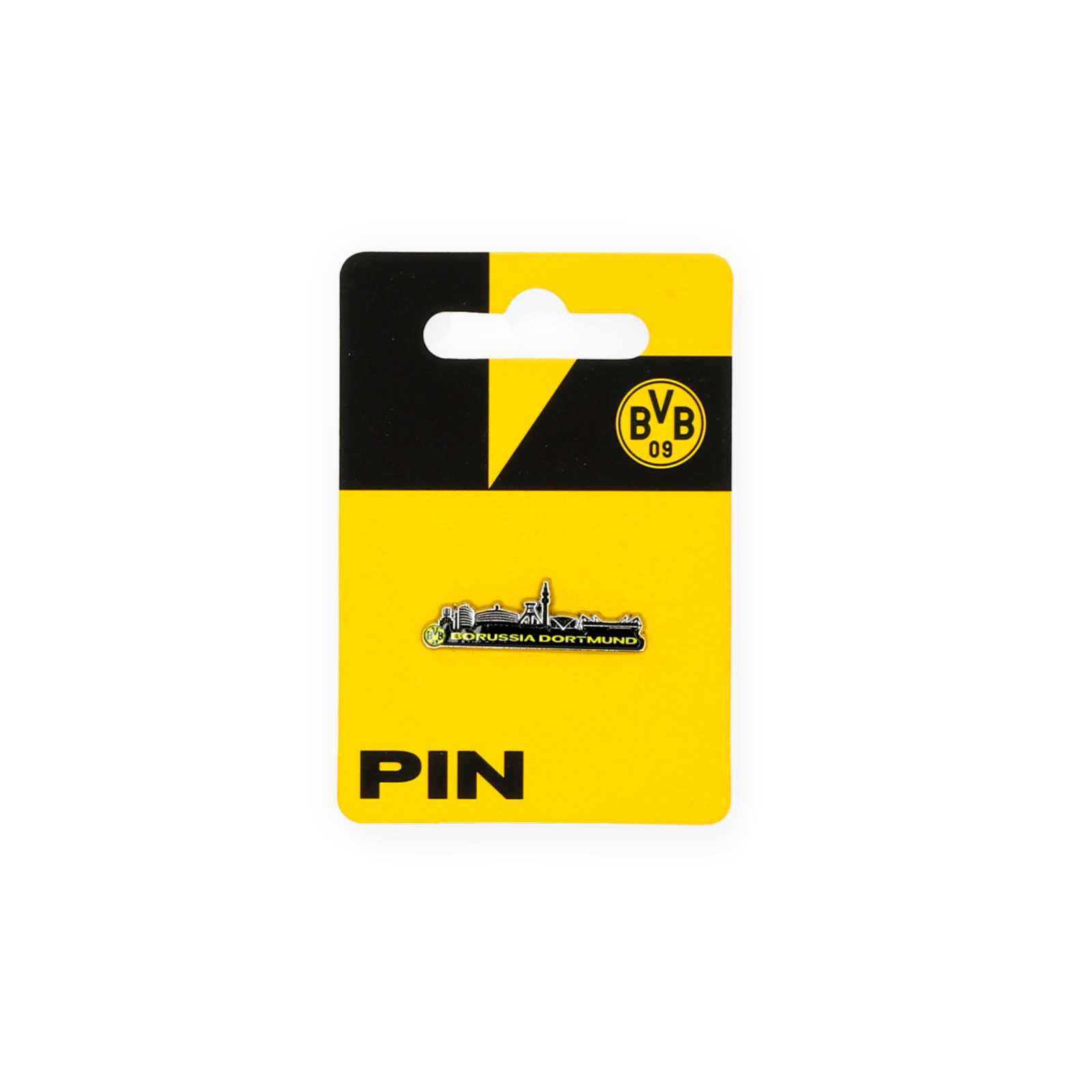 Vorderansicht des BVB-Pins der Dortmund-Skyline an schwarzgelber Verpackung geheftet.