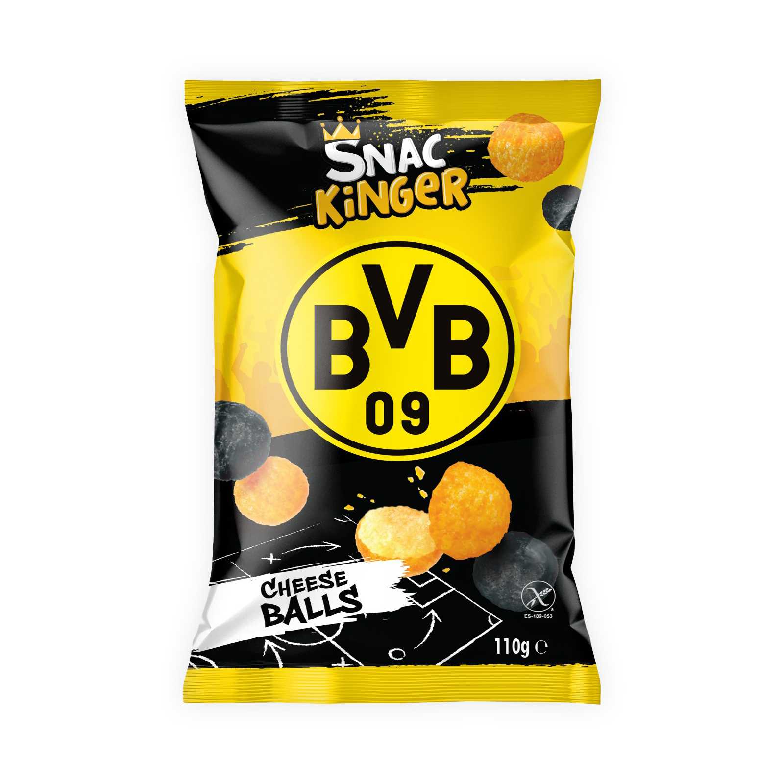 Die schwarzgelbe Verpackung der Käsebällchen mit großem BVB-Emblem und Abbildungen von gelben und schwarzen Bällchen.