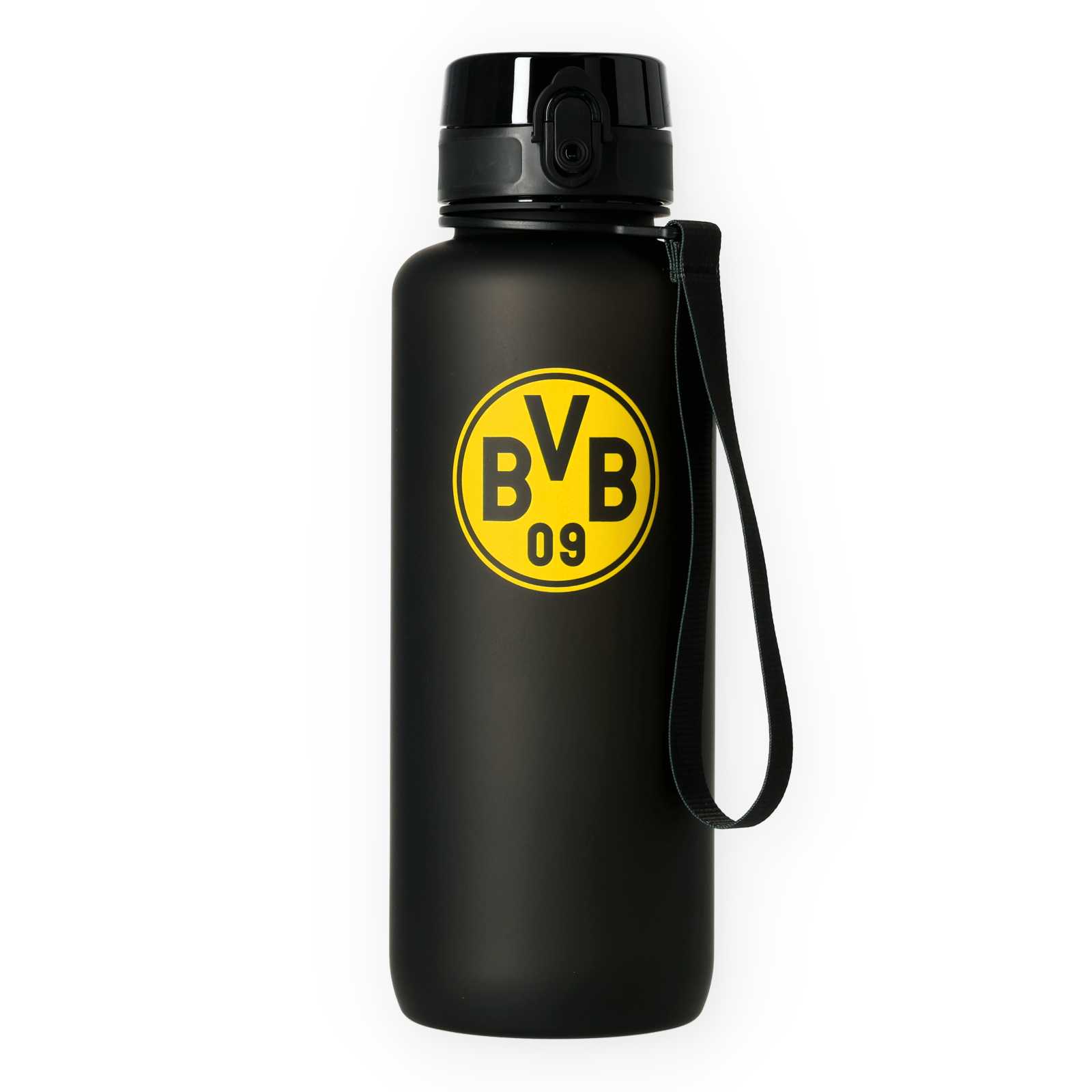 Die schwarze Trinkflasche mit gelbschwarzem BVB-Emblem auf dem Körper