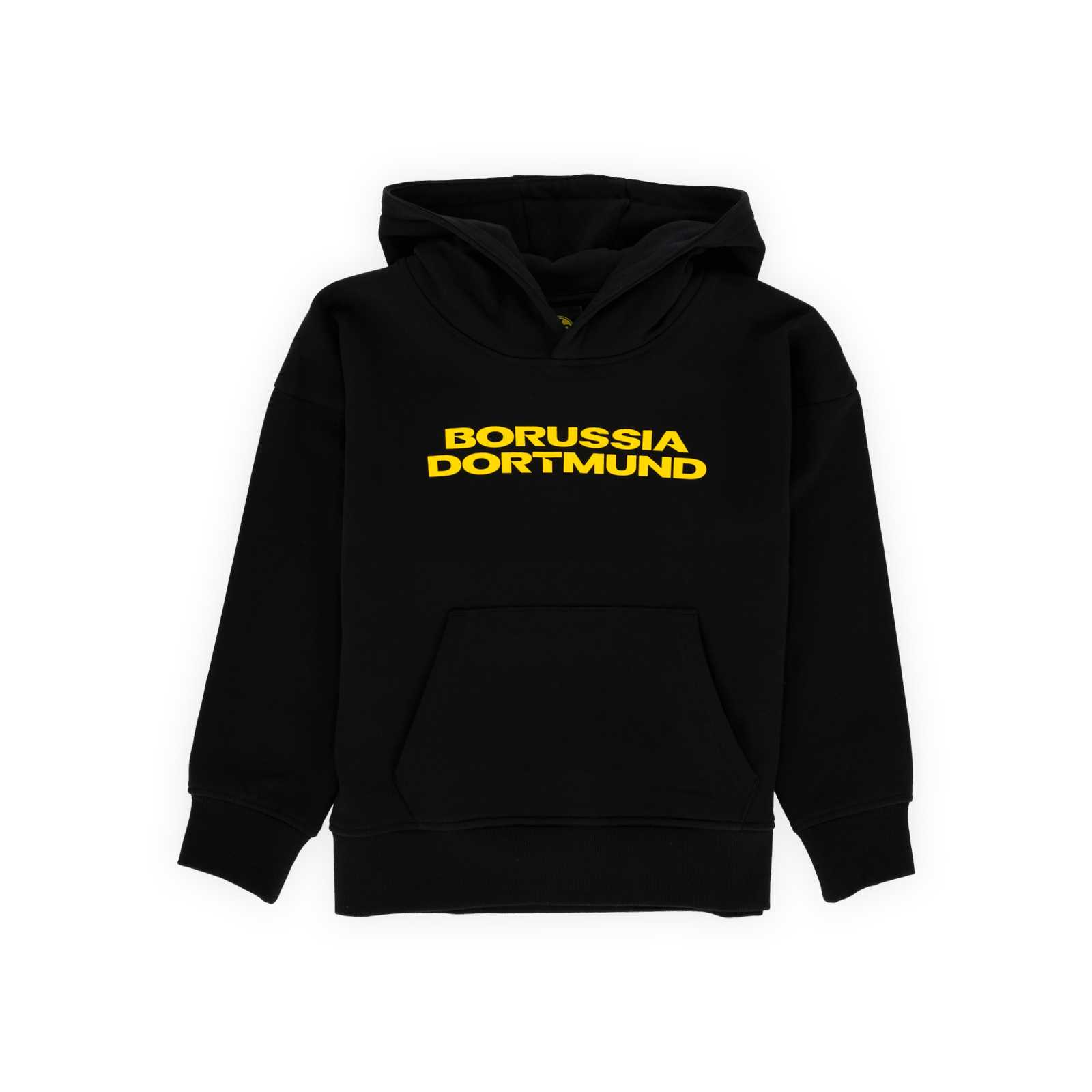 Vorderansicht des schwarzen BVB-Hoodies mit Kapuze und gelbem Borussia Dortmund Schriftzug auf der Brust.