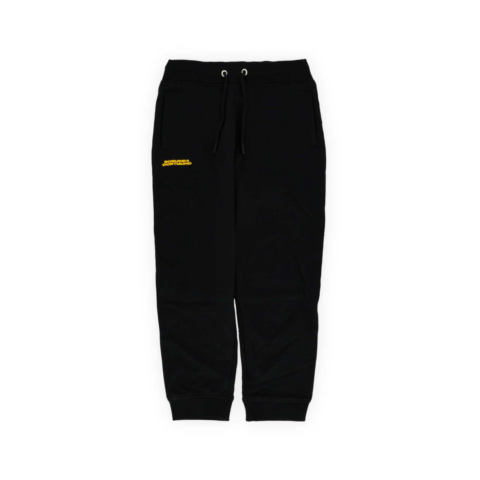Vorderansicht der schwarzen BVB-Hose mit gelber Aufschrift auf der rechten Hosentasche.