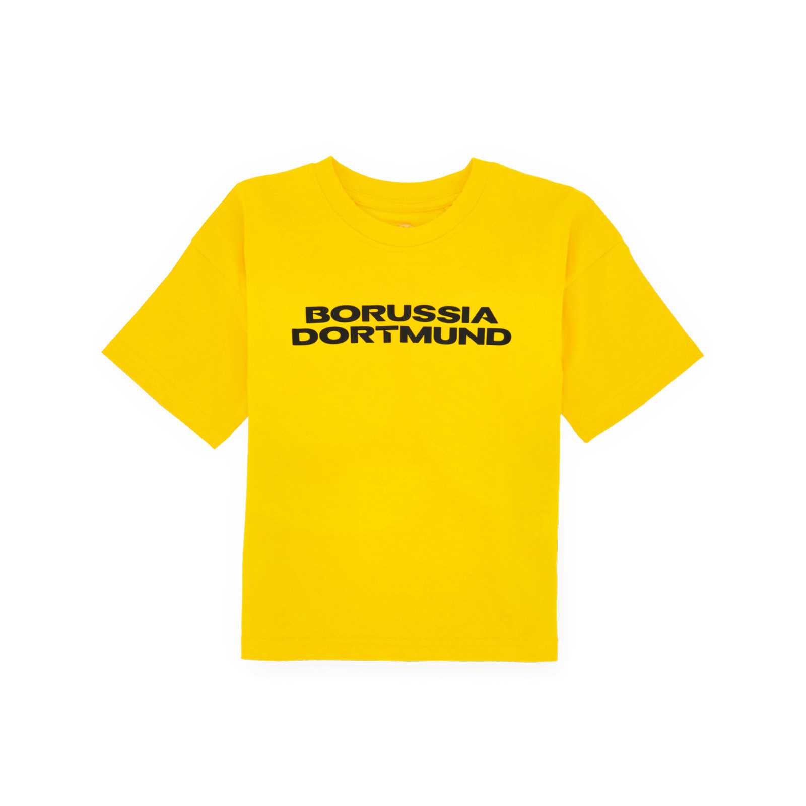 Vorderansicht des gelben BVB-Shirts mit schwarzer Borussia Dortmund Aufschrift.