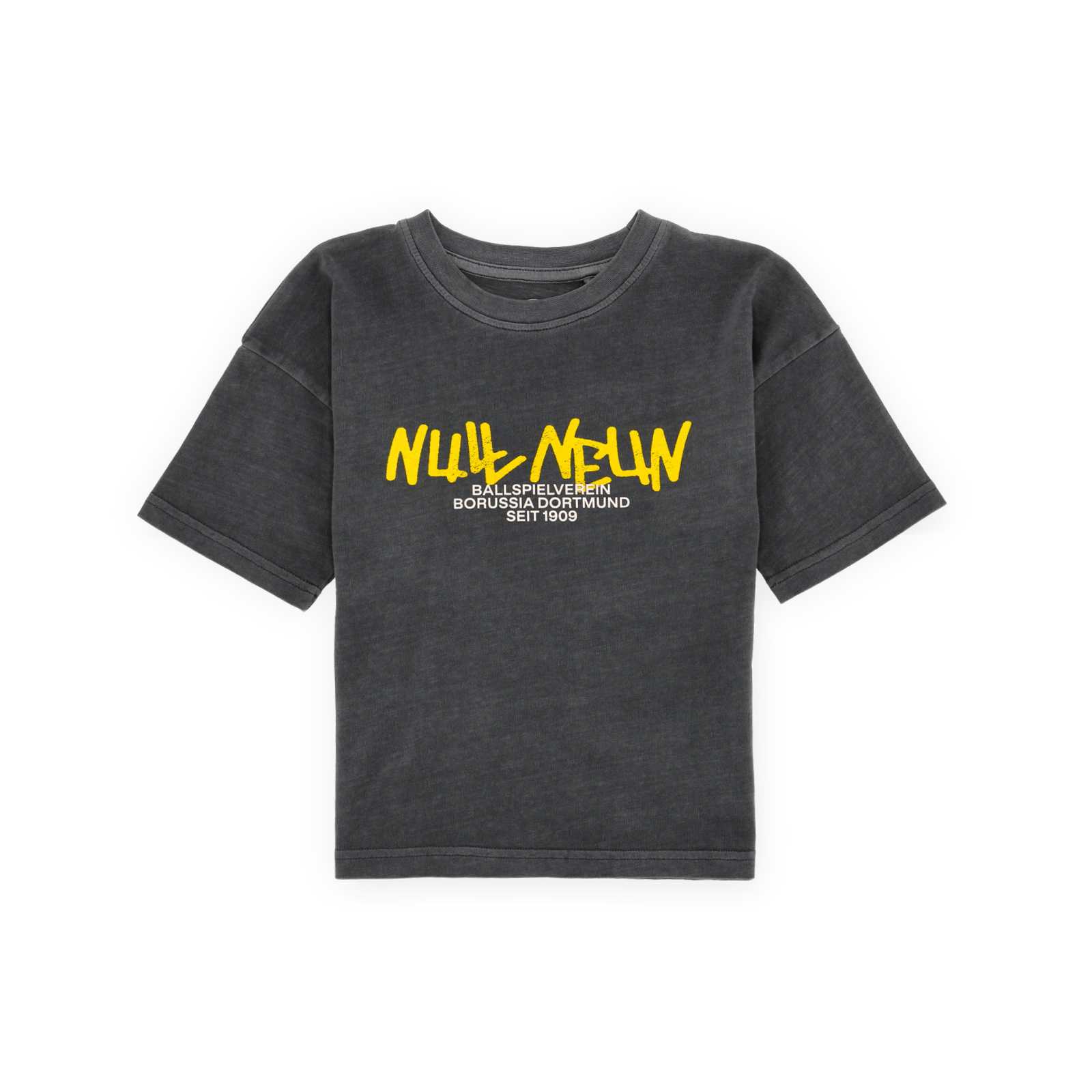 Vorderansicht des grauen BVB-Shirts mit gelber Aufschrift auf der Brust.
