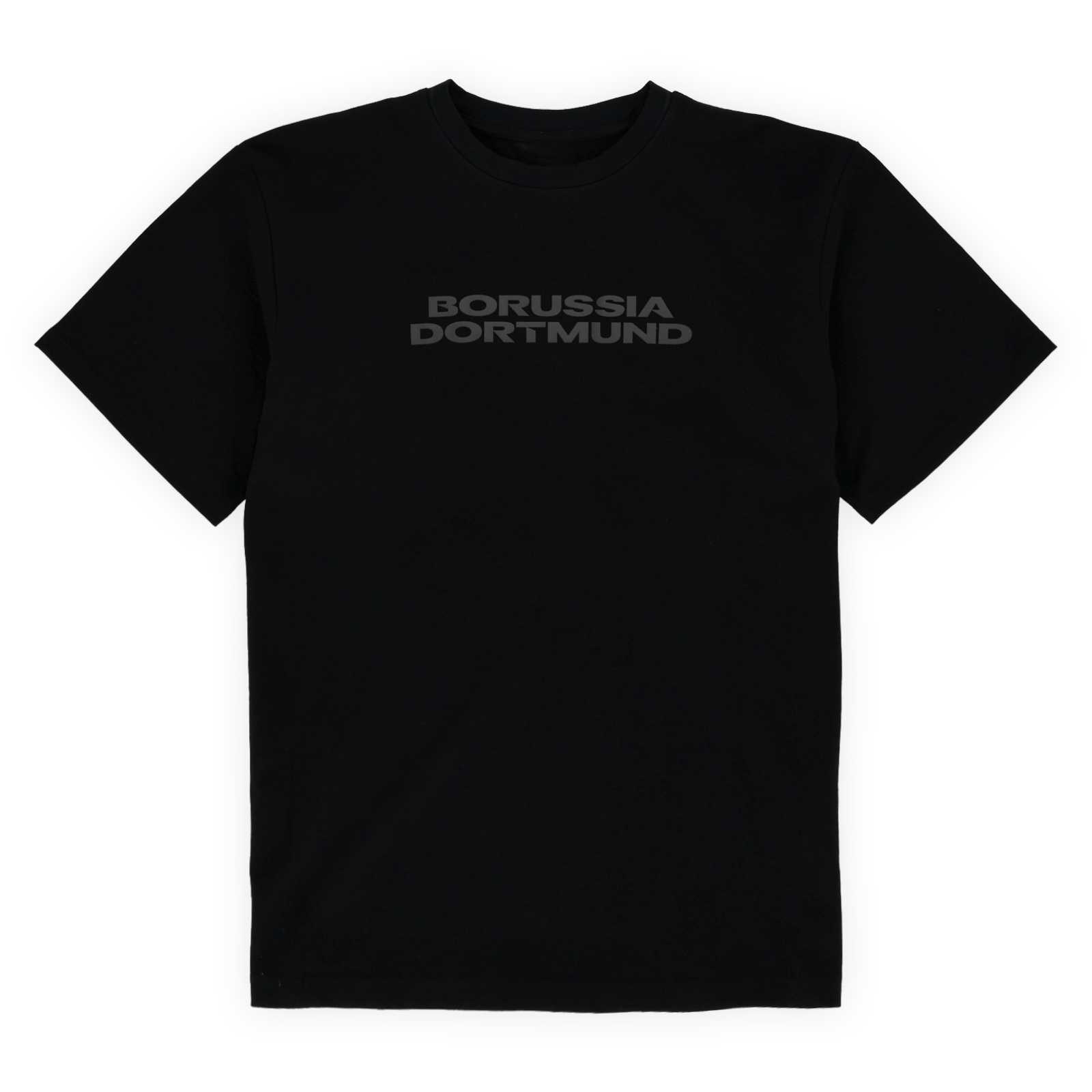 Die Vorderansicht des schwarzen T-Shirts mit grauem Borussia Dortmund Aufdruck auf der Brust