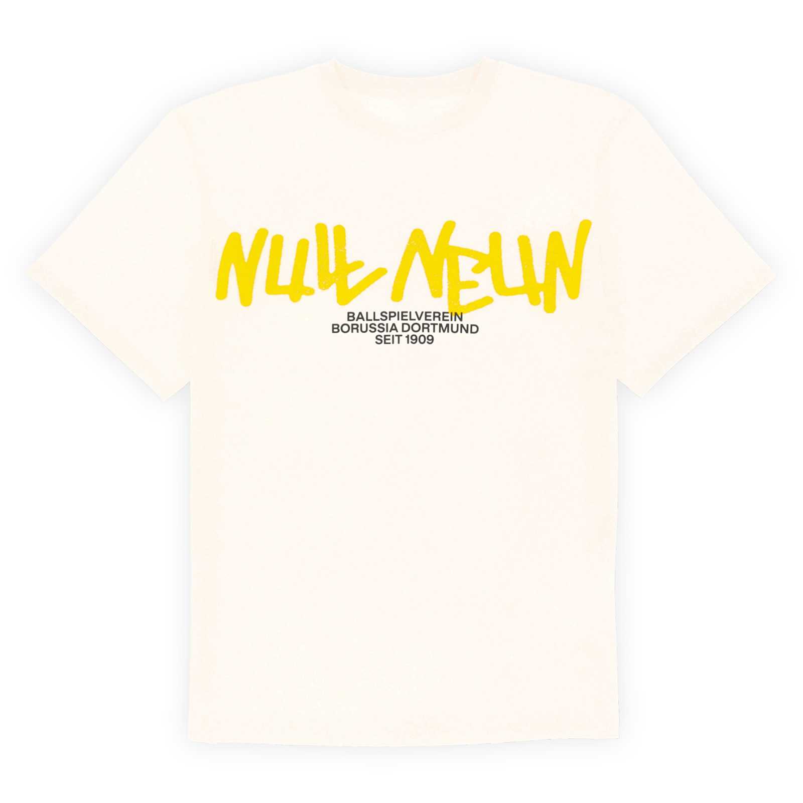 Die Vorderansicht des weißen T-Shirts mit gelbem Null Neun Aufdruck auf der Brust