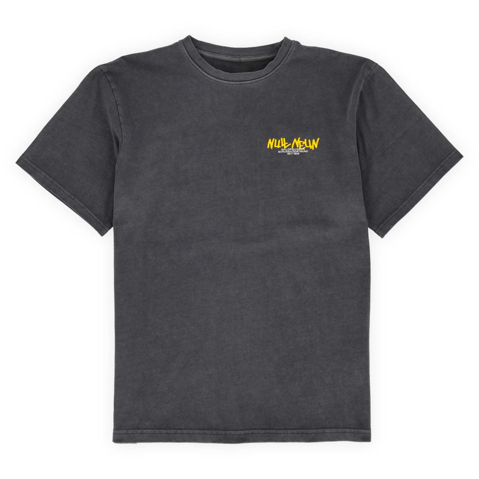 Die Vorderansicht des grauen Washed T-Shirts mit gelbem Null Neun Aufdruck auf der Brust
