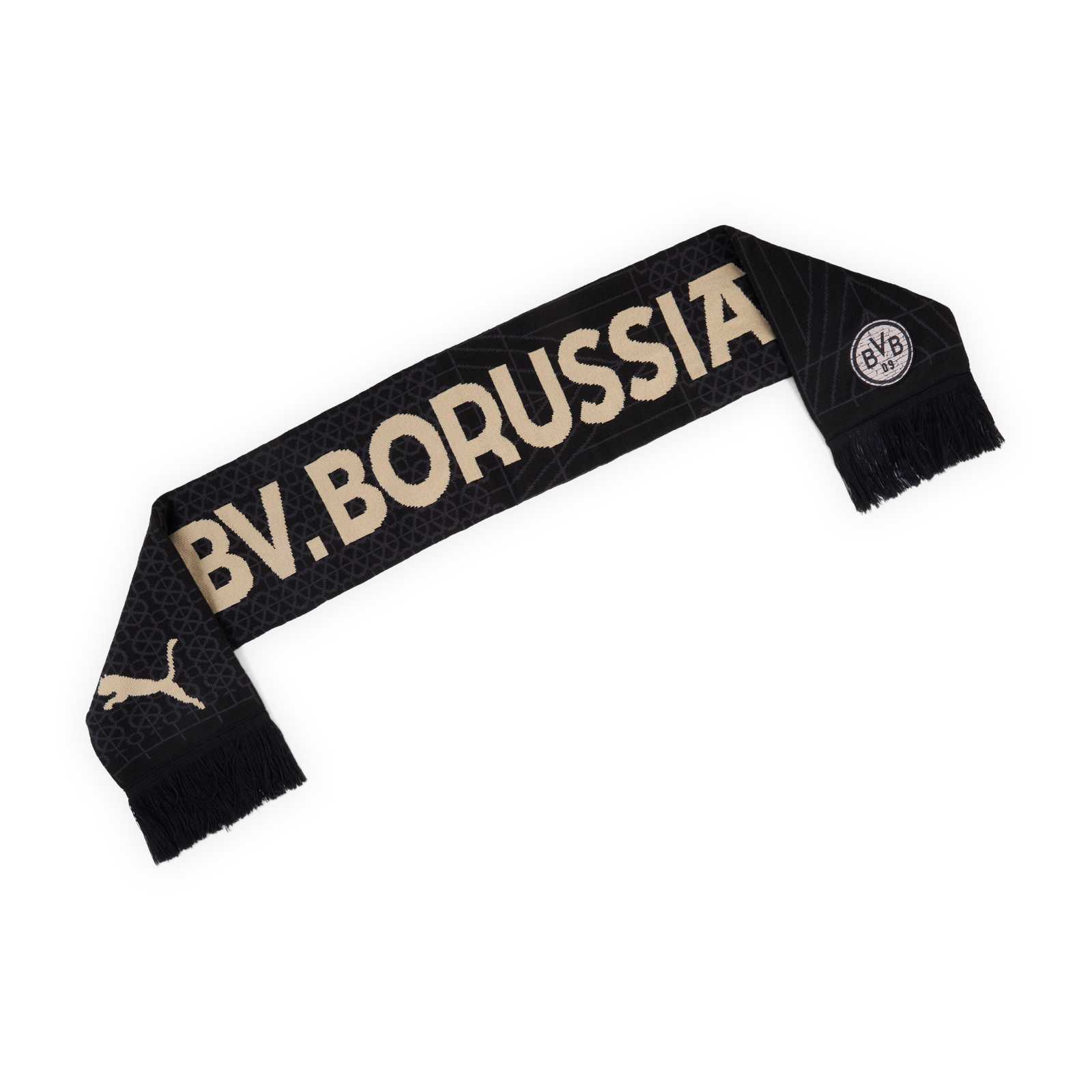 Schwarzer BVB-Schal mit BV.Borussia Aufschrift und Retro-BVB- sowie PUMA-Logo daneben.