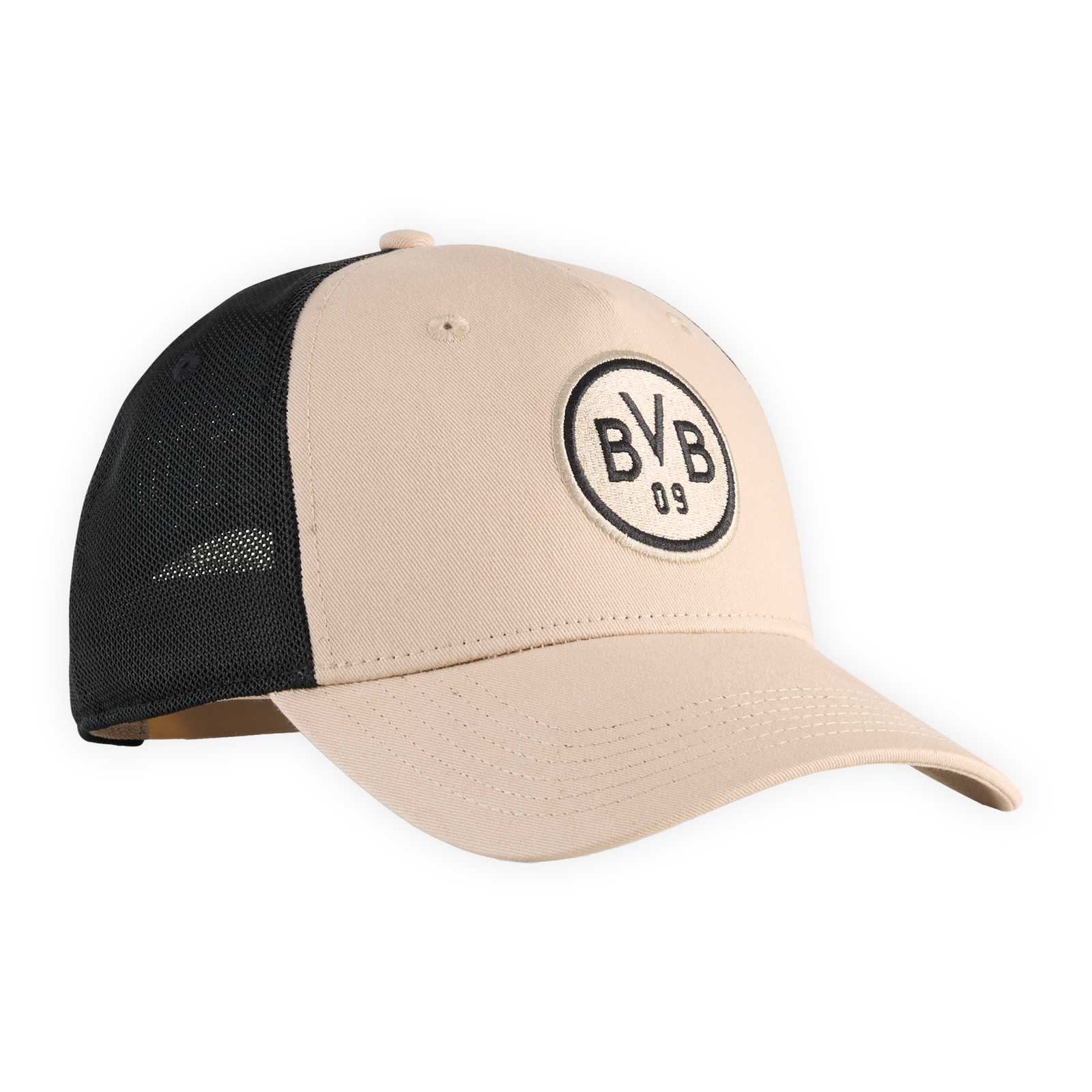 Vorderansicht der beigen BVB-Kappe mit Logo überm Schirm.