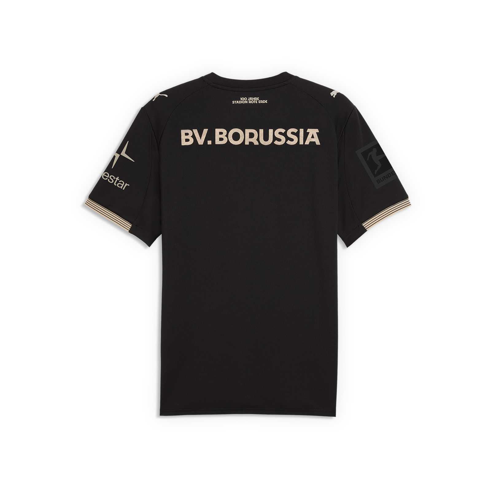 Die Rückansicht des schwarzen Sondertrikots mit BV. Borussia Schriftzug in beige