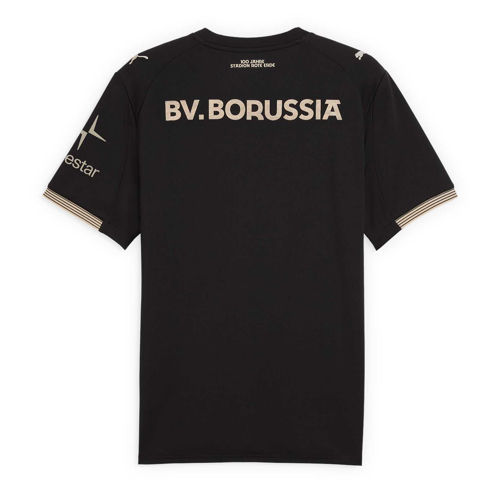 Die Rückansicht des schwarzen Sondertrikots mit BV. Borussia Schriftzug in beige