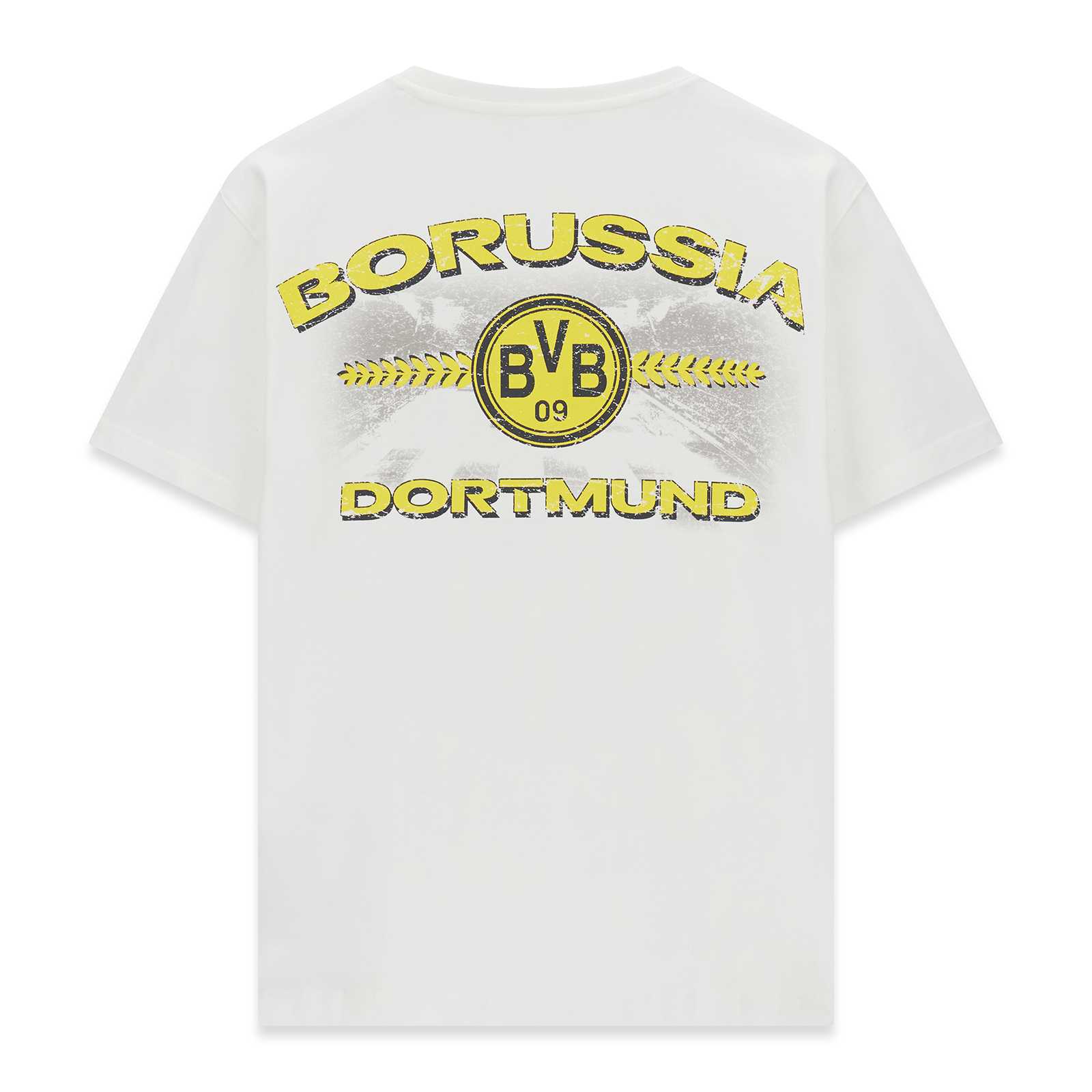 Rückansicht des weißen BVB-Shirts mit gelbem Backprint. BVB-Logo und Borussia Dortmund Schriftzug.