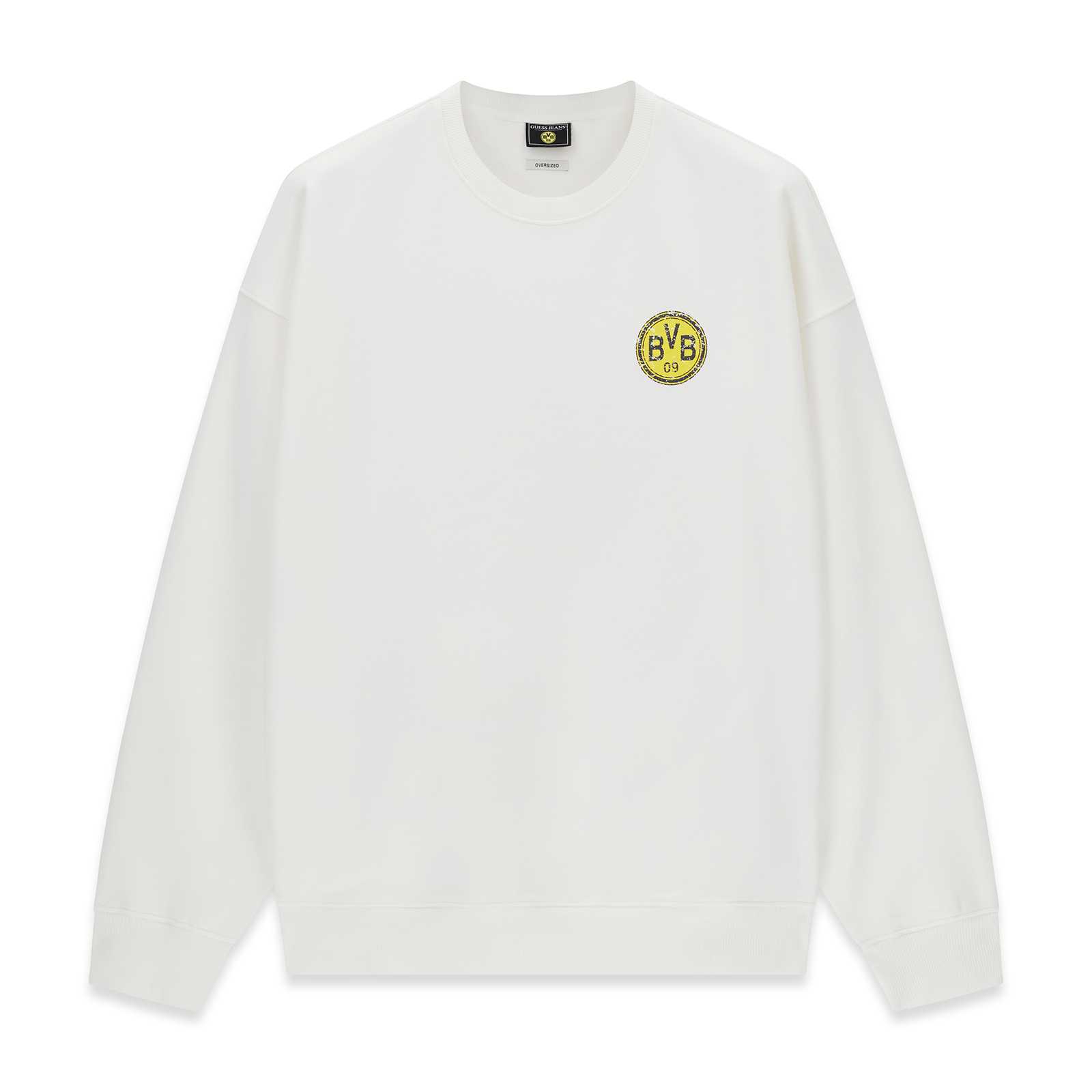 Vorderansicht des weißen BVB-Sweatshirts mit gelbem BVB-Retro-Logo auf der linken Brust.