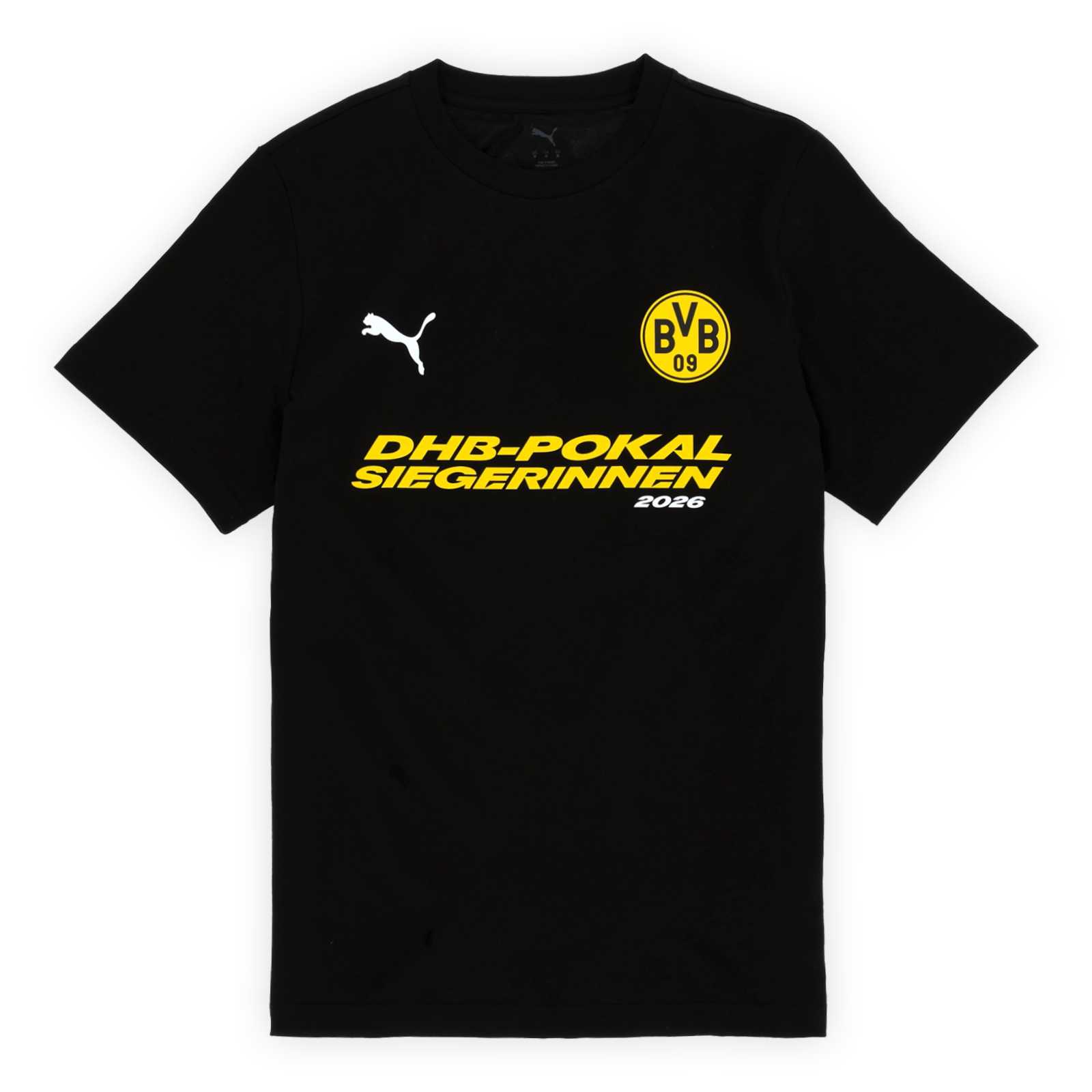 Die Vorderansicht des schwarzen T-Shirts mit gelber PUMA-Katze und BVB-Emblem sowie der Aufschrift DHB Pokalsiegerinnen 2026