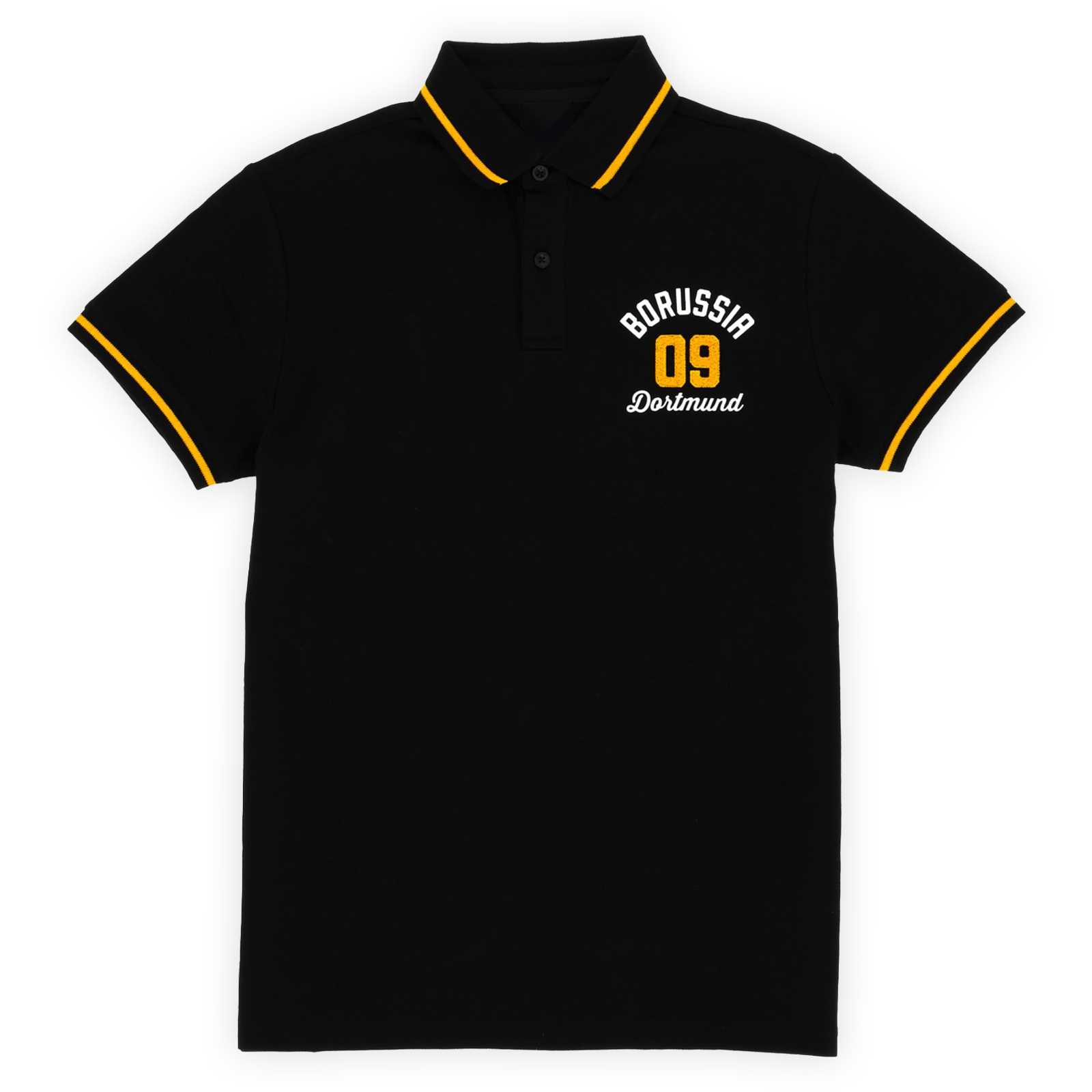 Vorderansicht des schwarzen BVB-Poloshirts mit Borussia 09 Dortmund Print.