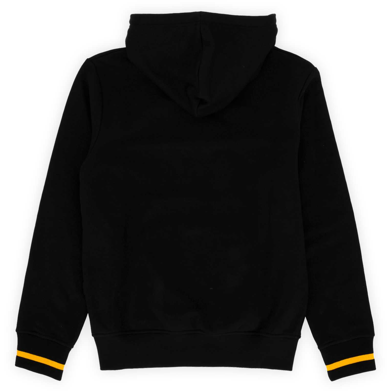 Rückansicht des schwarzen Hoodies mit Kapuze.