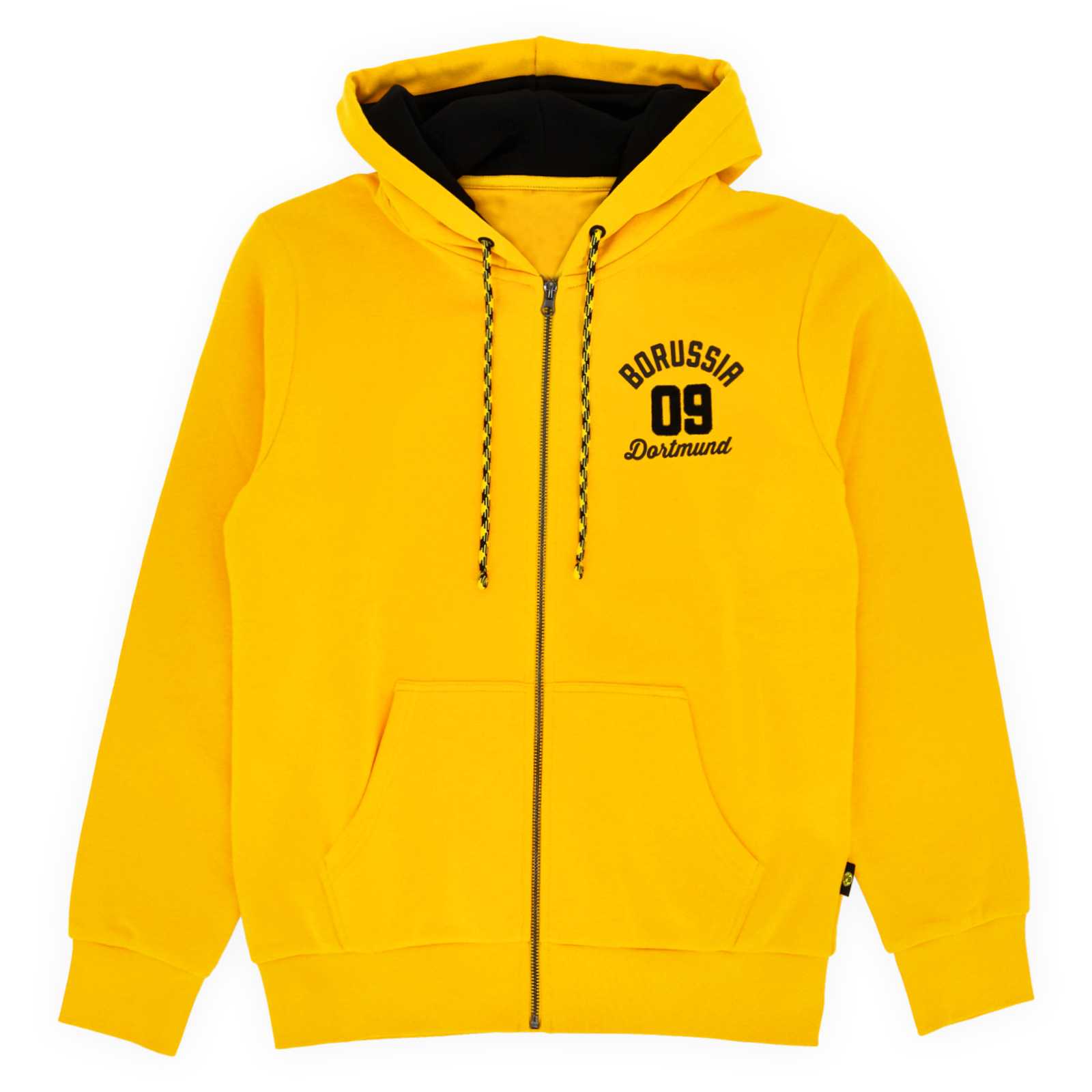Vorderansicht der gelben BVB-Jacke mit Kapuze und schwarzem Print auf der Brust.