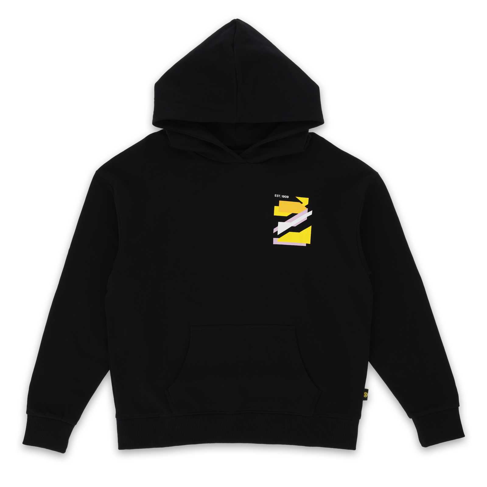 Vorderansicht des schwarzen BVB-Hoodies mit Kapuze und kleinem Print auf der Brust.