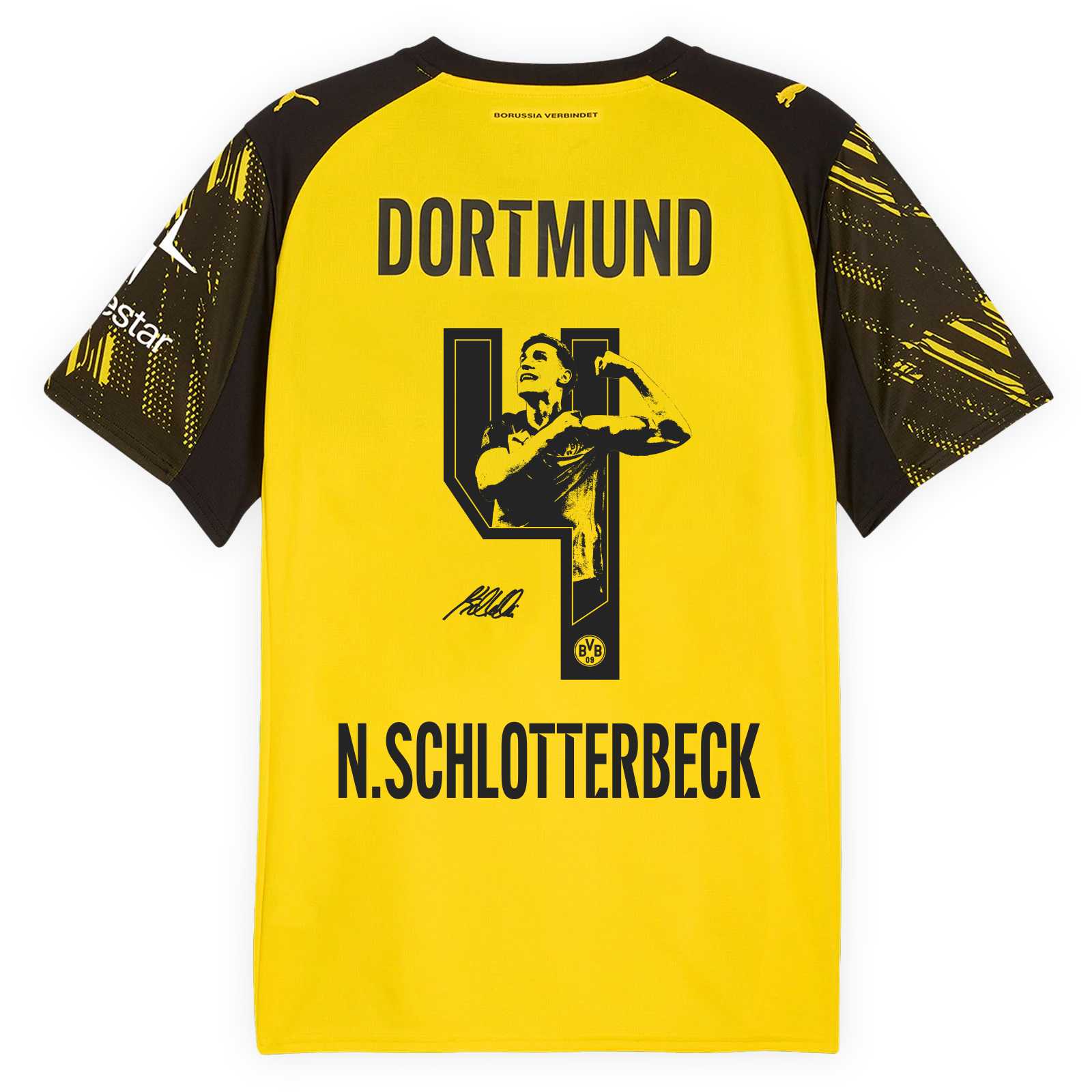 Rückansicht des BVB-Heimtrikots 25/26 mit der Nummer 4 und Bild von Nico Schlotterbeck.