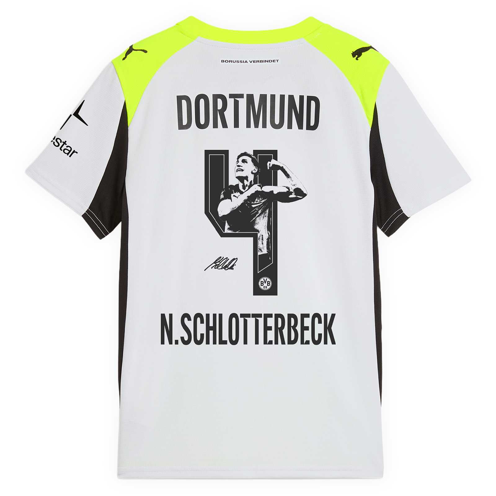 Rückansicht des BVB-Auswärtstrikots 25/26 mit der Nummer 4 und Bild von Nico Schlotterbeck.