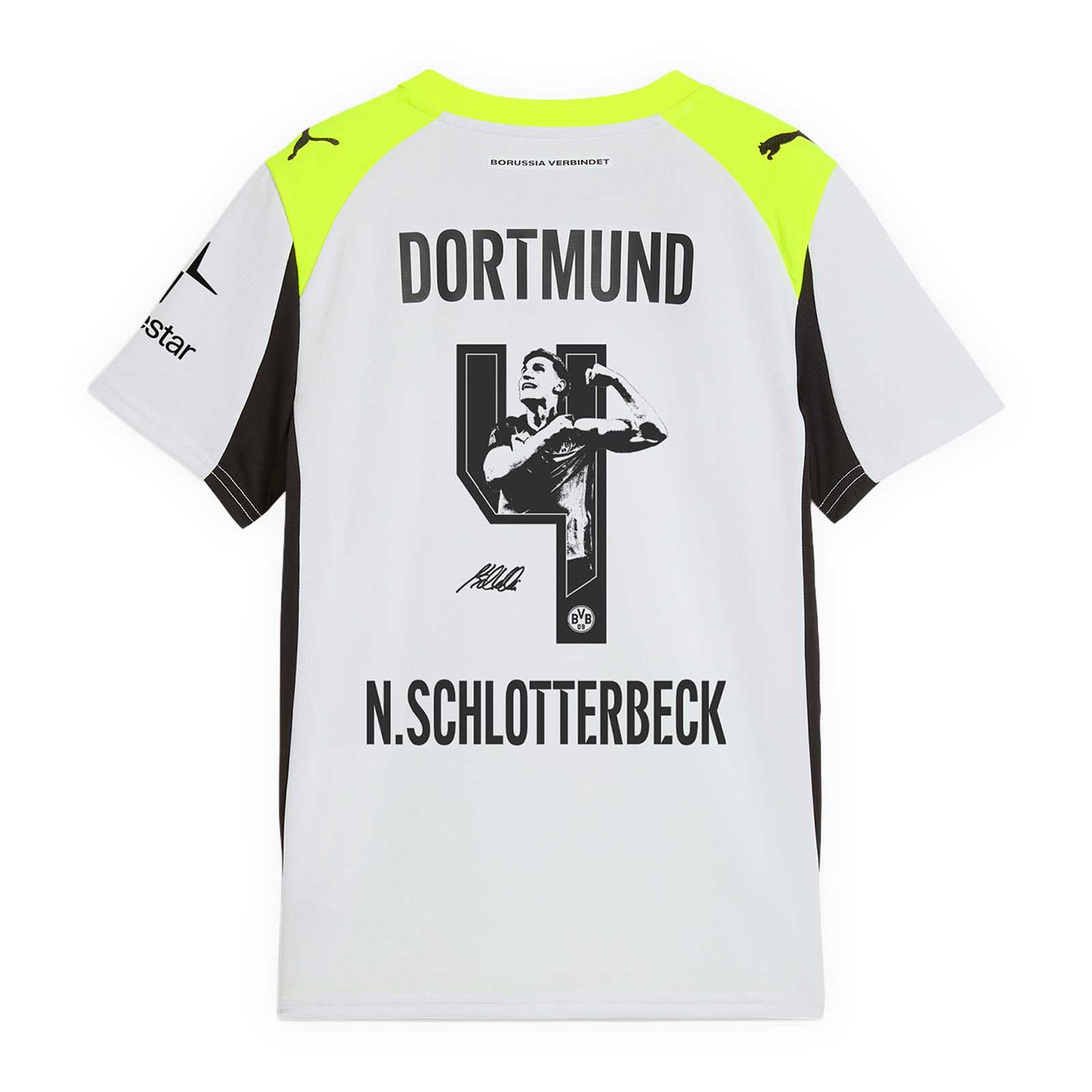 Rückansicht des BVB-Auswärtstrikots 25/26 mit der Nummer 4 und Bild von Nico Schlotterbeck.