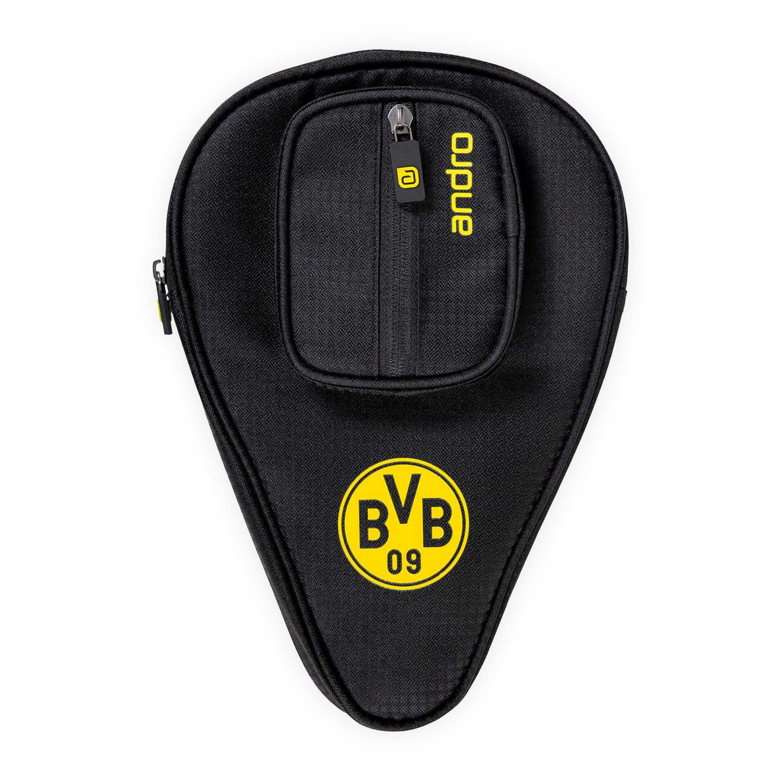 Vorderansicht der schwarzen BVB-Tischtennisschlägerhülle mit gelbem BVB-Logo und zusätzlicher Tasche für die Bälle.