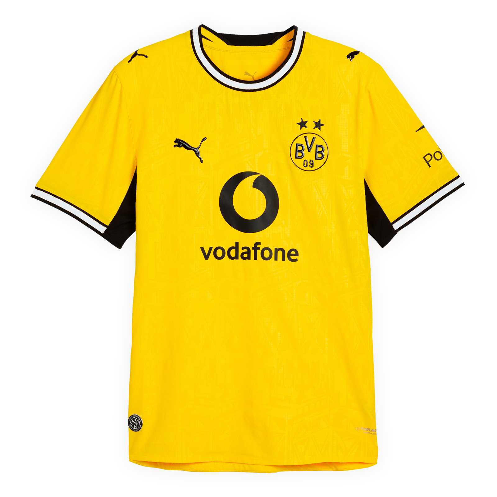 Die Vorderansicht des gelben Heimtrikots mit schwarzweißem Kragen und Armbündchen, kurzen Ärmeln, schwarzer PUMA-Katze, BVB-Emblem und Vodafone-Logo auf der Brust.