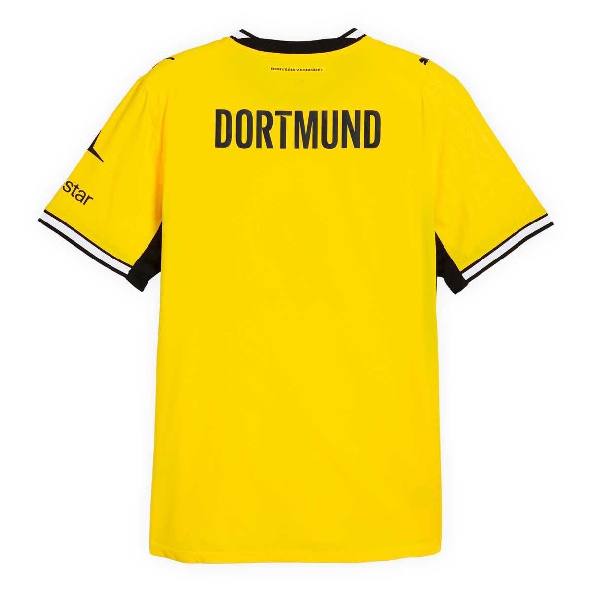Die Rückansicht des gelben Heimtrikots mit schwarzweißem Kragen und Armbündchen, kurzen Ärmeln und Dortmund-Schriftzug im Schulterbereich
