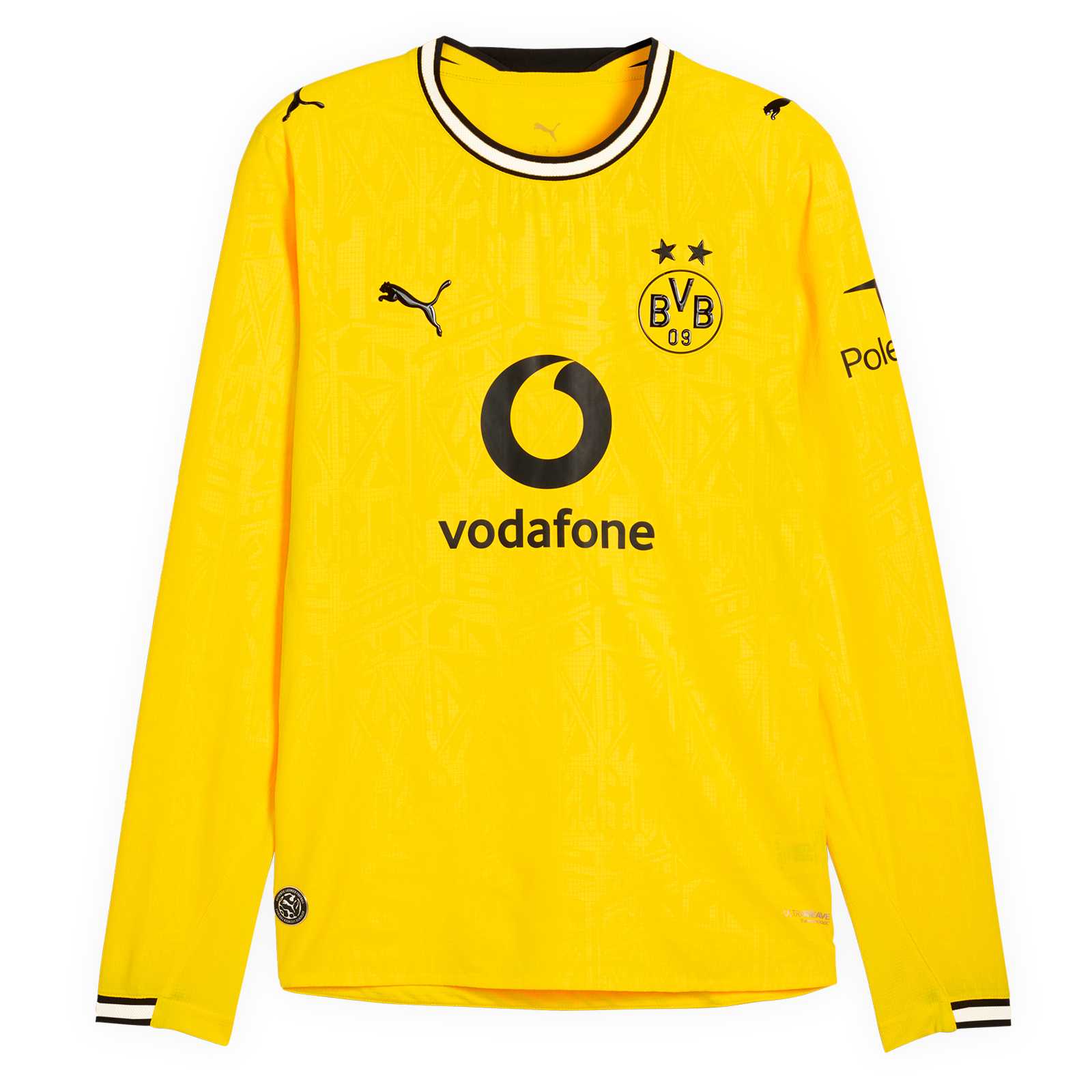 Die Vorderansicht des gelben Heimtrikots mit schwarzweißem Kragen und Armbündchen, langen Ärmeln, schwarzer PUMA-Katze, BVB-Emblem und Vodafone-Logo auf der Brust.