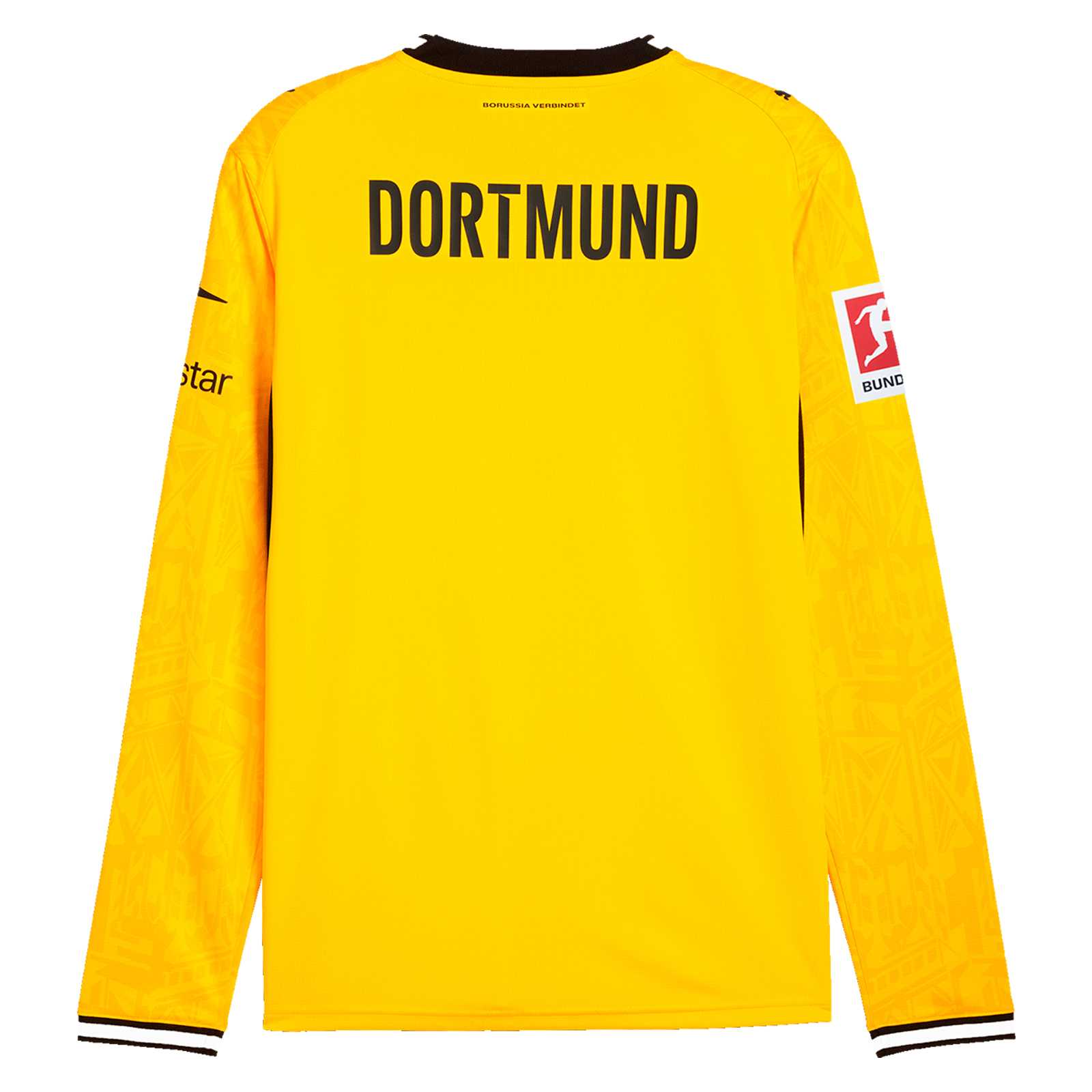 Die Rückansicht des gelben Heimtrikots mit schwarzweißem Kragen und Armbündchen, langen Ärmeln, Bundesligalogo auf dem Arm und Dortmund-Schriftzug im Schulterbereich