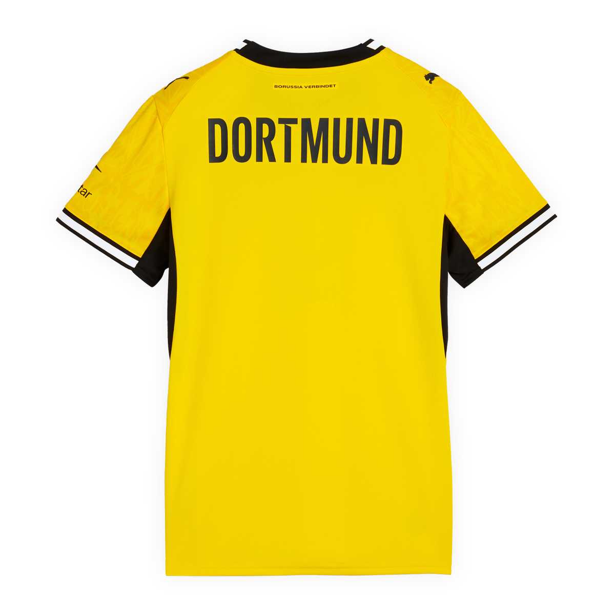 Die Rückansicht des gelben Heimtrikots mit schwarzweißem Kragen und Armbündchen, kurzen Ärmeln und Dortmund-Schriftzug im Schulterbereich
