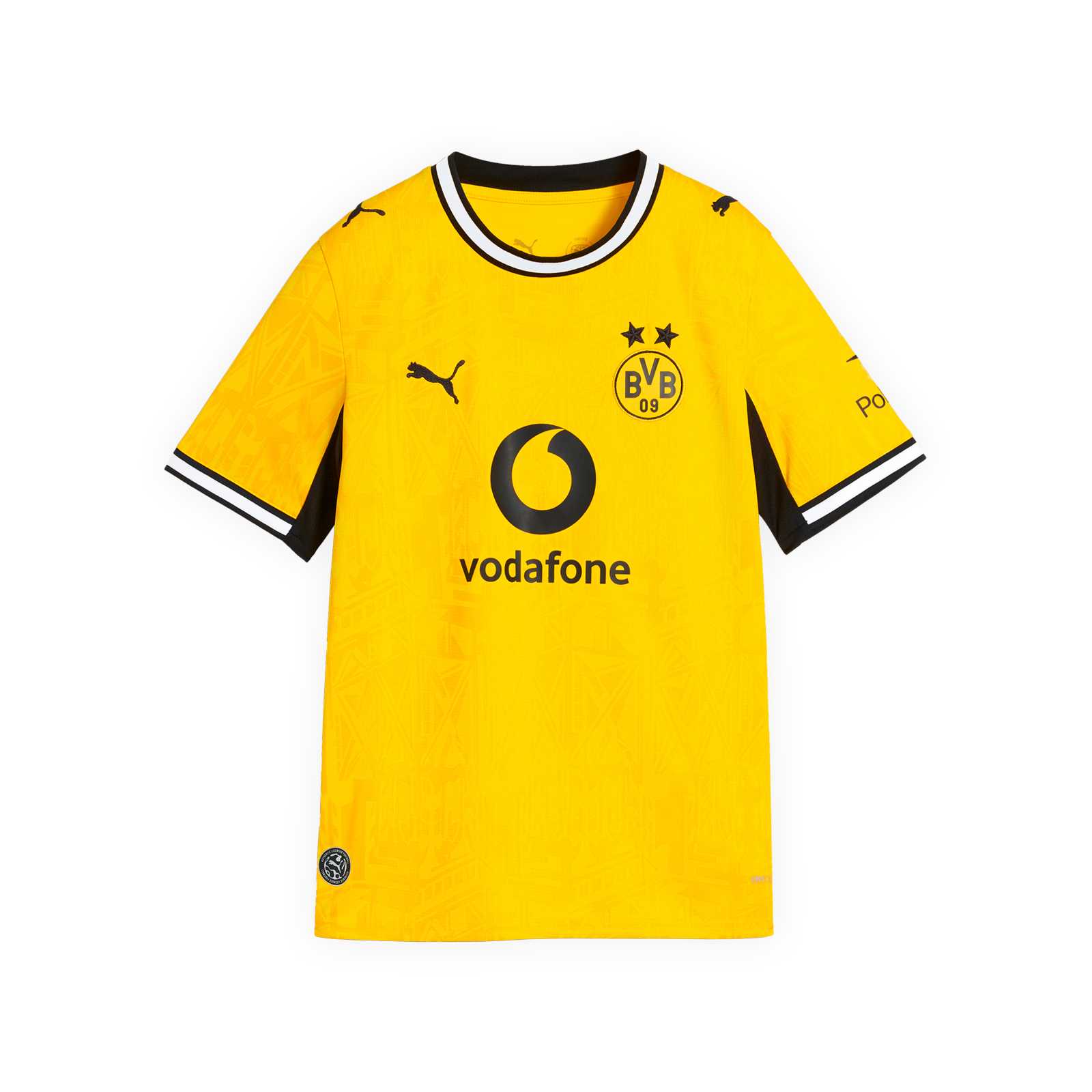 Die Vorderansicht des gelben Heimtrikots mit schwarzweißem Kragen und Armbündchen, kurzen Ärmeln, schwarzer PUMA-Katze, BVB-Emblem und Vodafone-Logo auf der Brust.