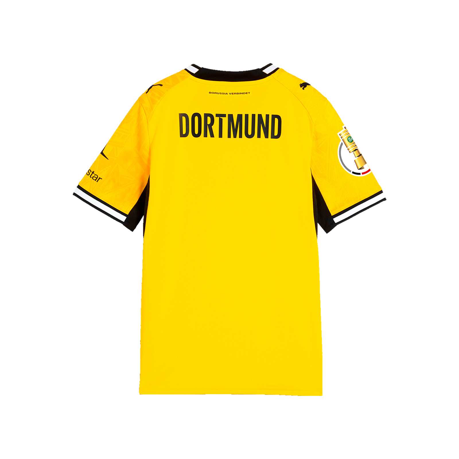 Die Rückansicht des gelben Heimtrikots mit schwarzweißem Kragen und Armbündchen, kurzen Ärmeln, Pokal-Logo auf dem Arm und Dortmund-Schriftzug im Schulterbereich