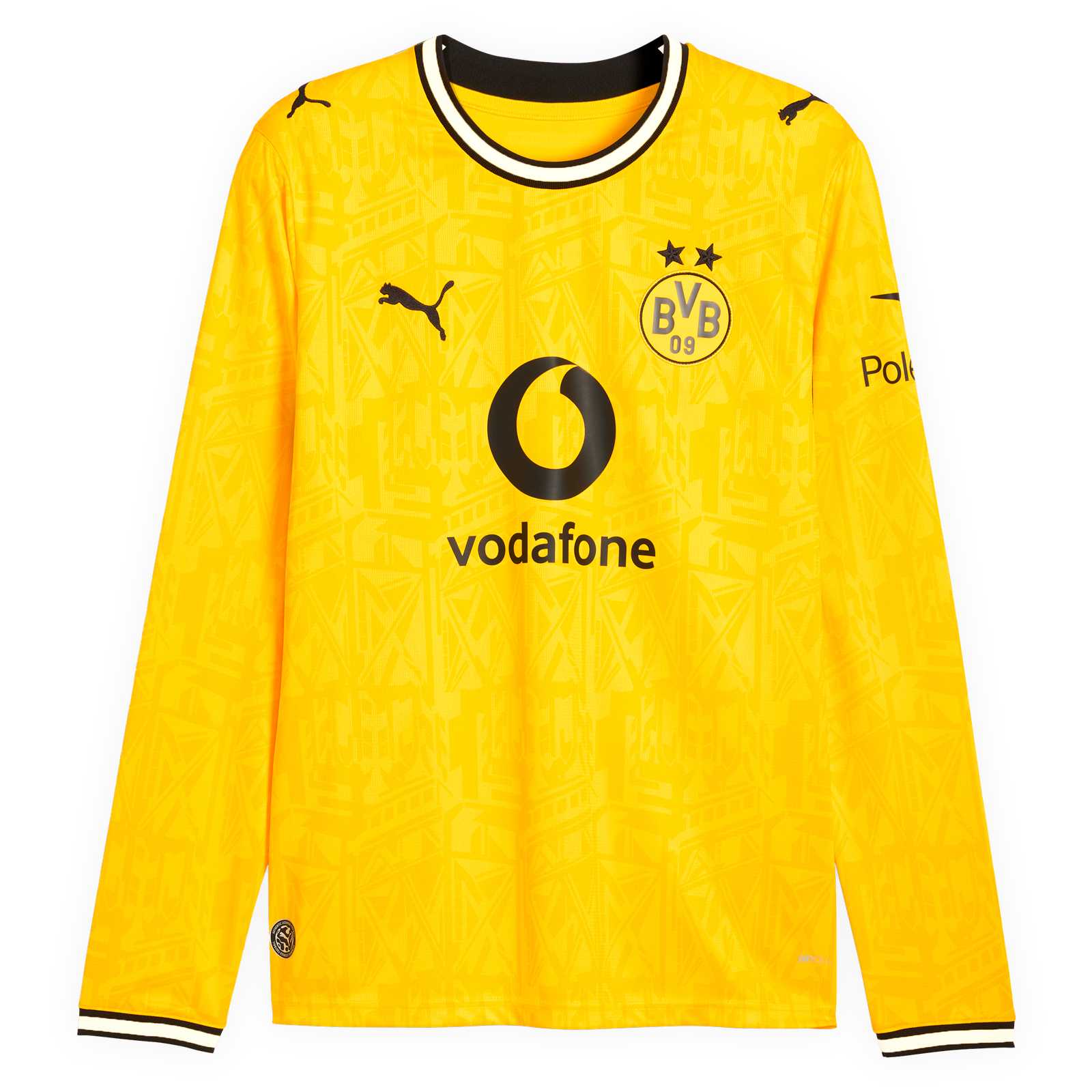 Die Vorderansicht des gelben Heimtrikots mit schwarzweißem Kragen und Armbündchen, langen Ärmeln, schwarzer PUMA-Katze, BVB-Emblem und Vodafone-Logo auf der Brust.