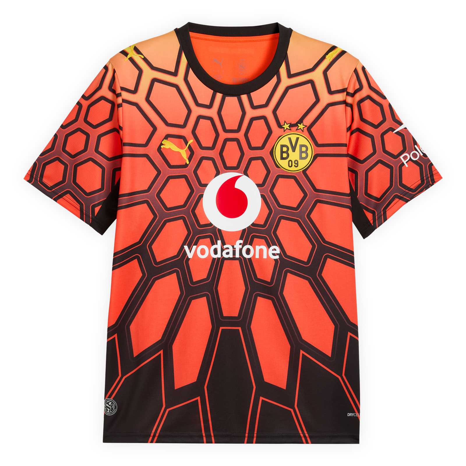 Die Vorderansicht des Torwart-Trikots mit rot-schwarzem Muster, kurzen Ärmeln, gelber PUMA-Katze, BVB-Emblem und Vodafone-Logo auf der Brust.
