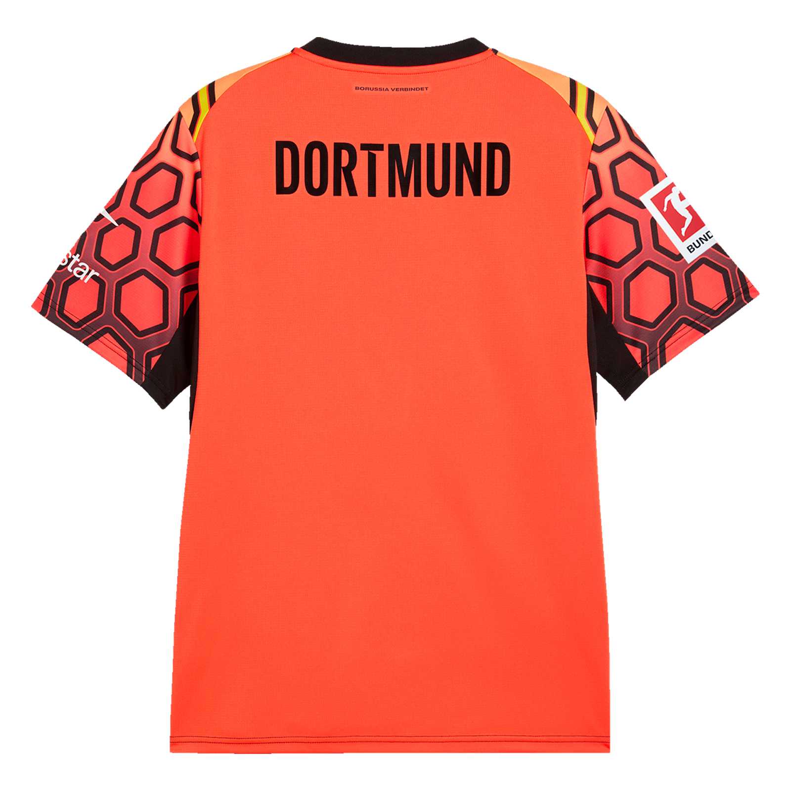 Die Rückansicht des Torwart-Trikots mit rot-schwarzem Muster, kurzen Ärmeln, Bundesligalogo auf dem Arm und Dortmund-Schriftzug im Schulterbereich