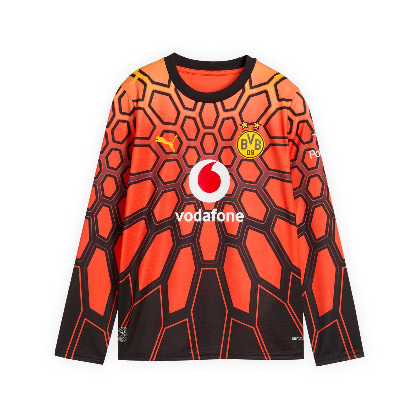 Die Vorderansicht des Torwart-Trikots mit rot-schwarzem Muster, langen Ärmeln, gelber PUMA-Katze, BVB-Emblem und Vodafone-Logo auf der Brust.