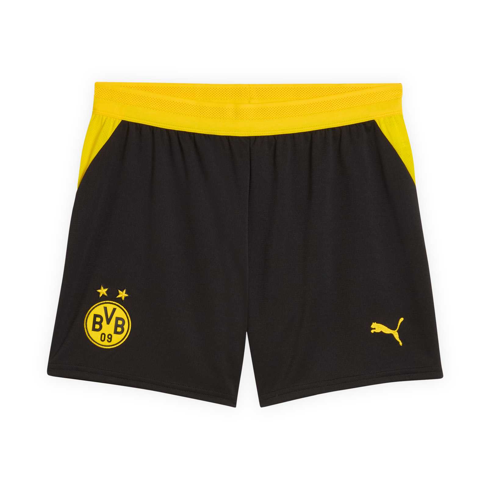 Die Vorderansicht der schwarzen Trikothose mit gelbem Bund, gelber PUMA-Katze und BVB-Emblem auf den Beinen.
