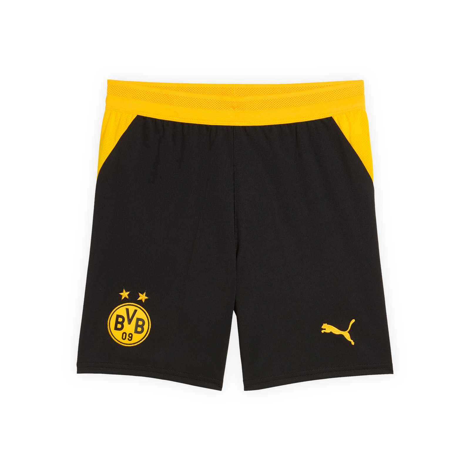 Die Vorderansicht der schwarzen Trikothose mit gelbem Bund, gelber PUMA-Katze und BVB-Emblem auf den Beinen.