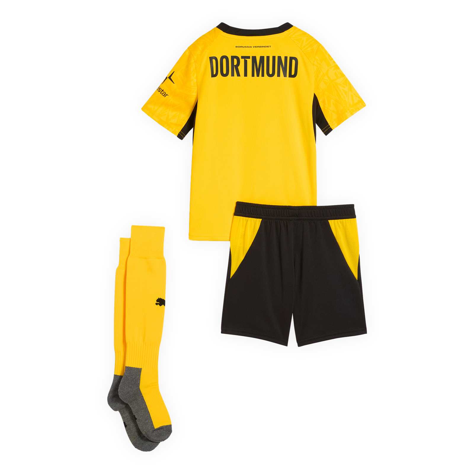 Die Rückansicht des Kleinkinder-Sets mit gelbem Trikot mit Dortmund-Schriftzug, schwarzer Hose und gelben Stutzen.