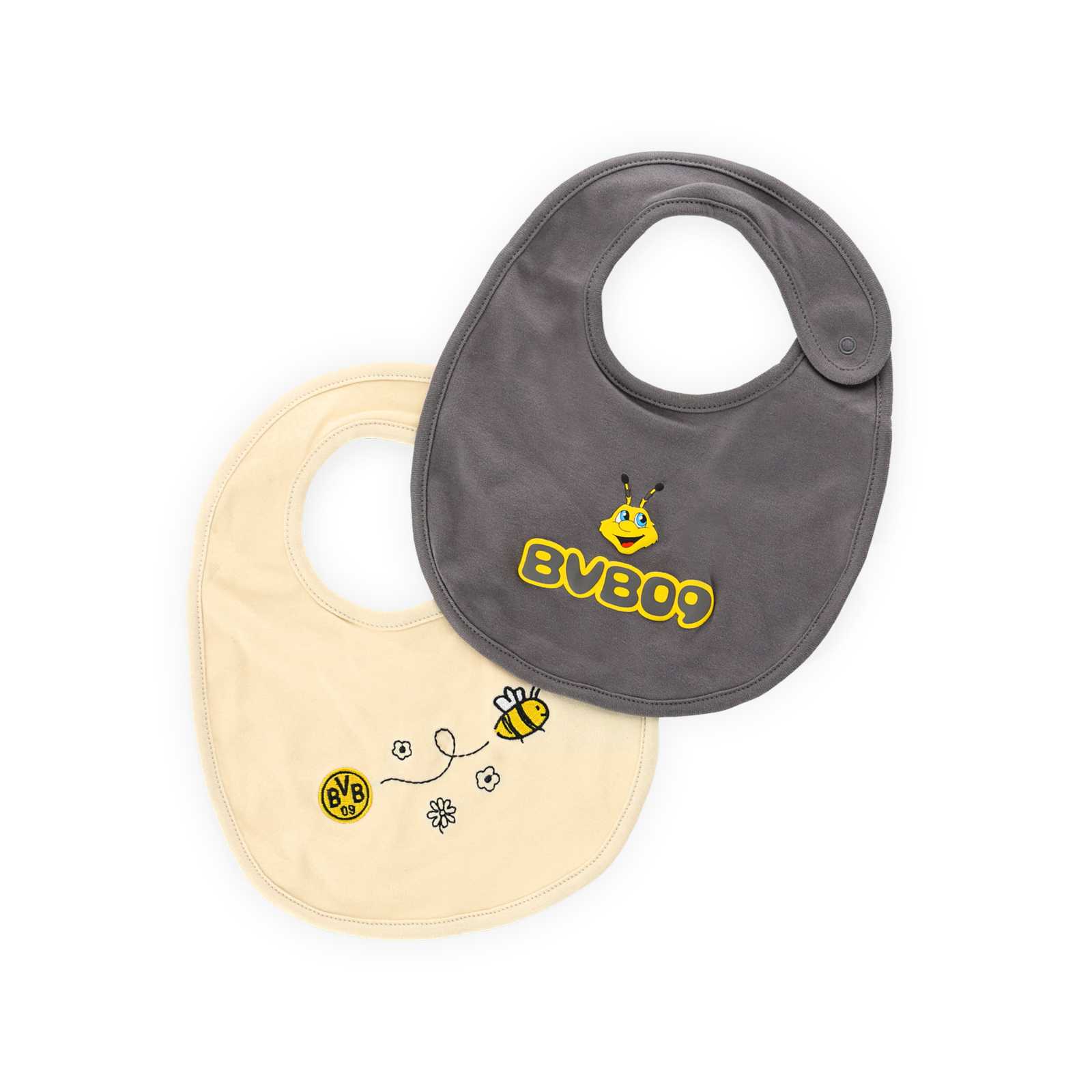 Vorderansicht der BVB-Lätzchen in grau und beige mit gelbem Prints.