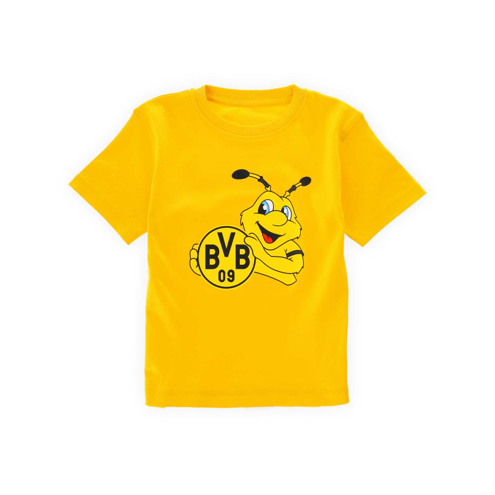 Vorderansicht des gelben BVB-Shirts mit gelbem Print des BVB-Logos und Maskottchen EMMA.
