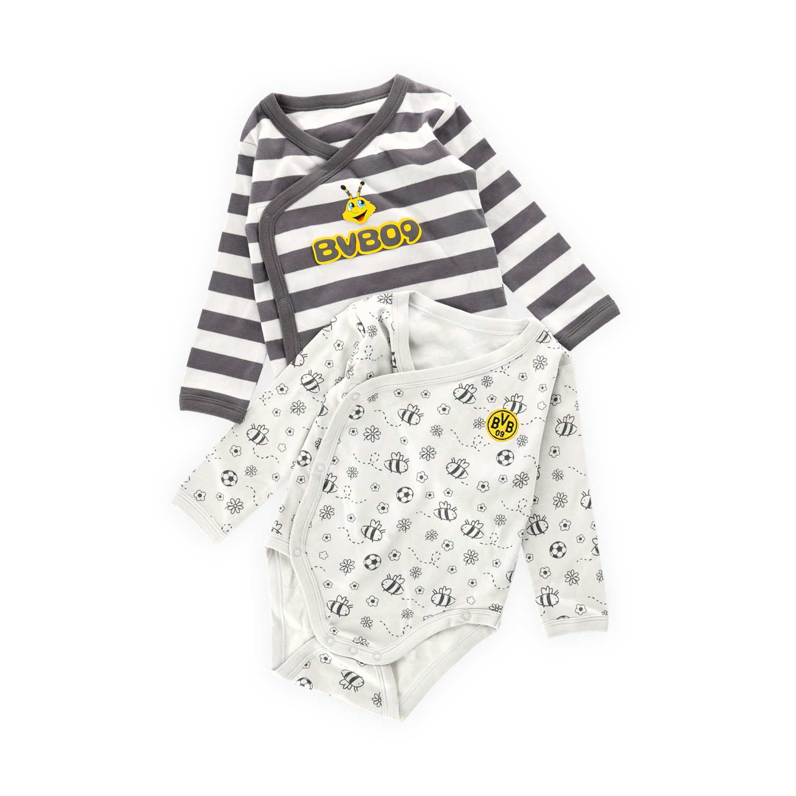 Vorderansicht der beiden BVB-Body die übereinander liegen. Einer ist gestreift der andere hat einen All-Over-Print.