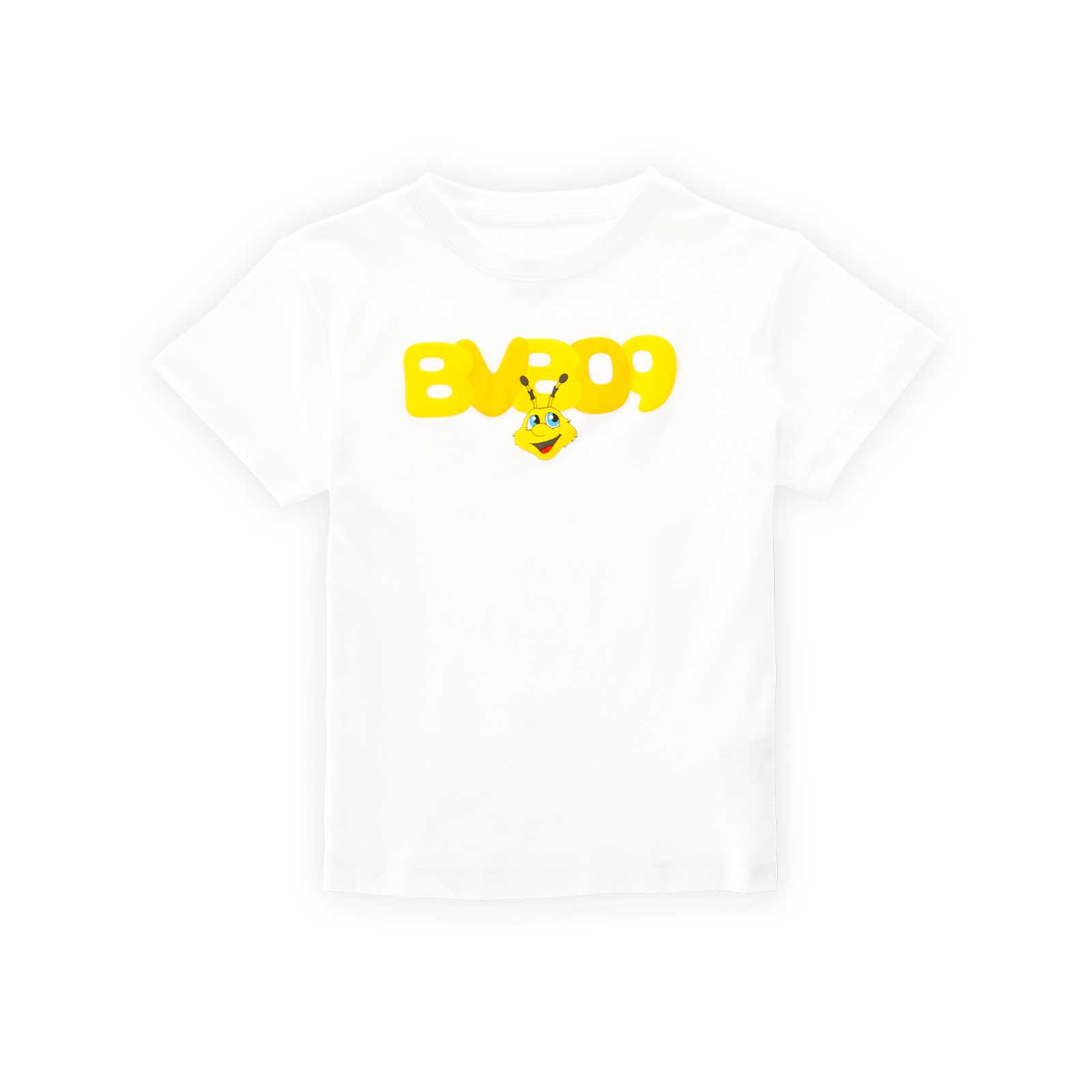 Vorderansicht des weißen BVB-Shirts mit gelbem BVB09 Print sowie dem Gesicht des Maskottchens EMMA.