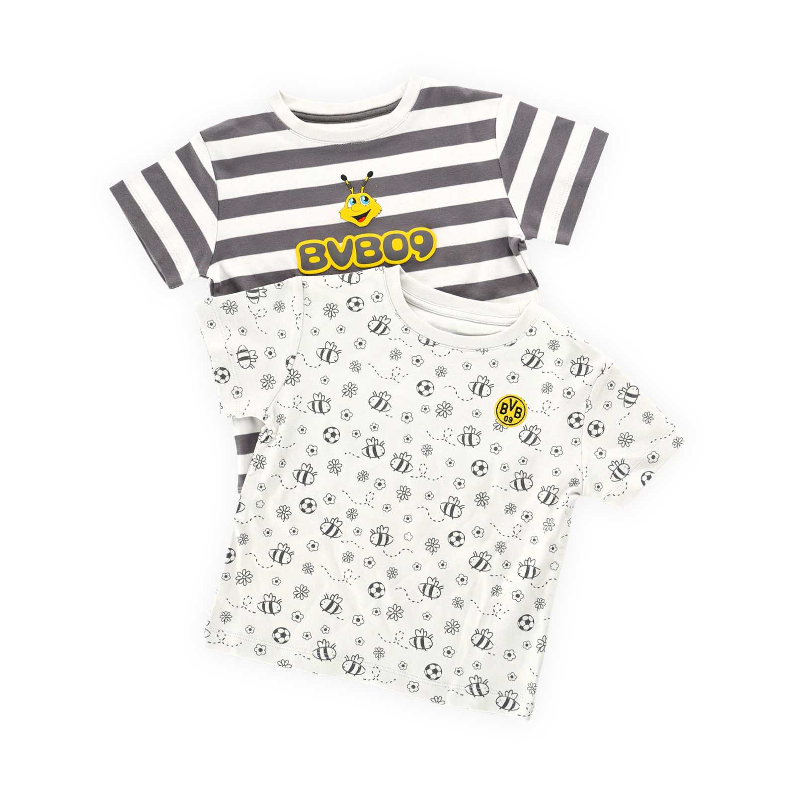 Die Vorderansicht beider T-Shirts. Eins ist grauweiß gestreift mit EMMA-Motiv und BVB09-Schriftzug, eins ist hell mit einem Bienenmuster.