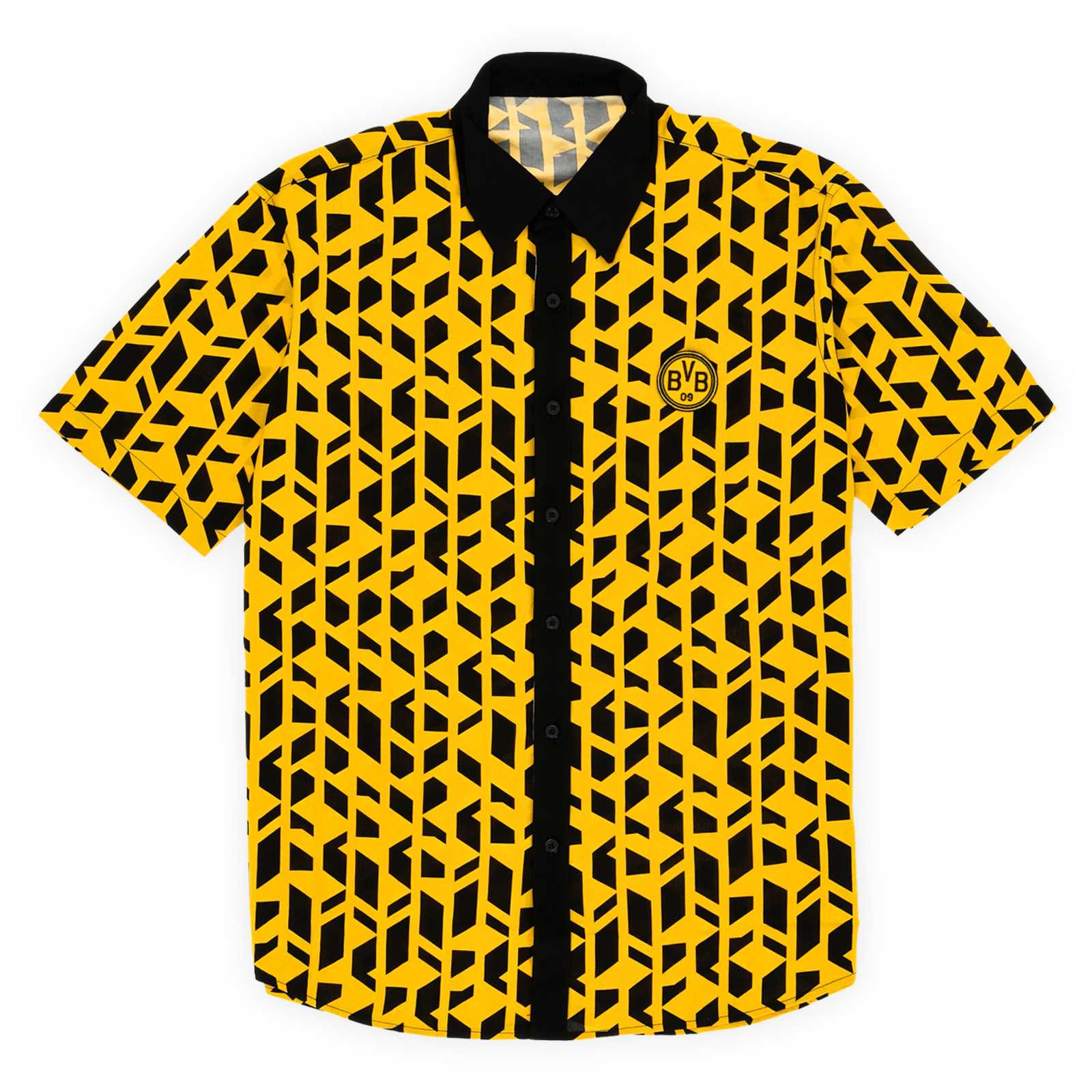Die Vorderansicht des schwarzgelben Hemdes mit Muster und Retro-BVB-Emblem auf der Brust