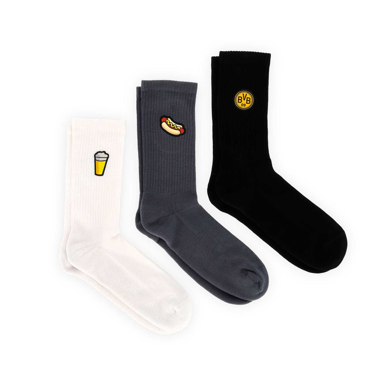 Die weißen, grauen und schwarzen Socken jeweils mit den Icons Bier, Bratwurst im Brötchen und dem BVB-Logo auf dem Schaft.