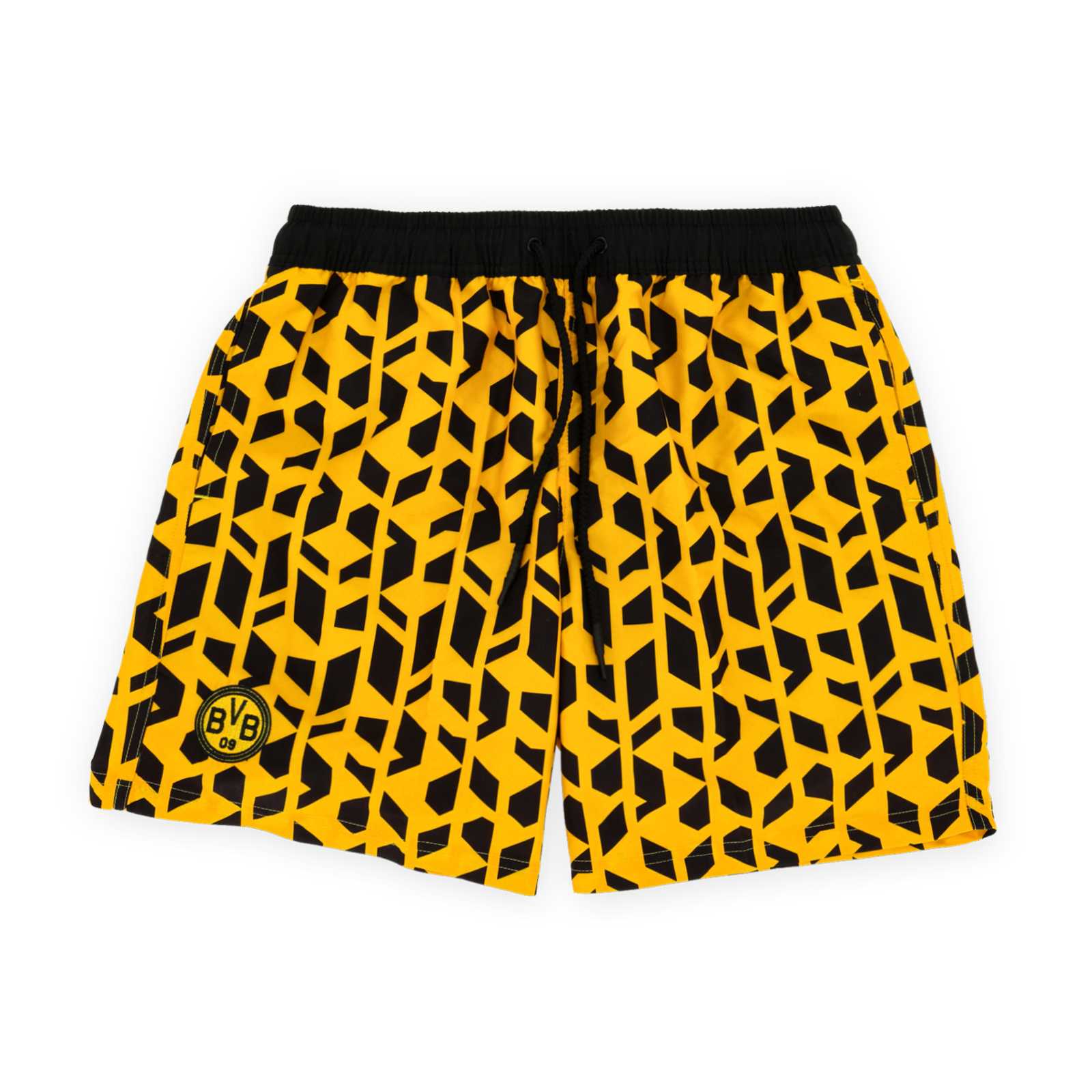 Die Vorderansicht der schwarzgelben Hose mit Muster und Retro-BVB-Emblem auf dem Bein