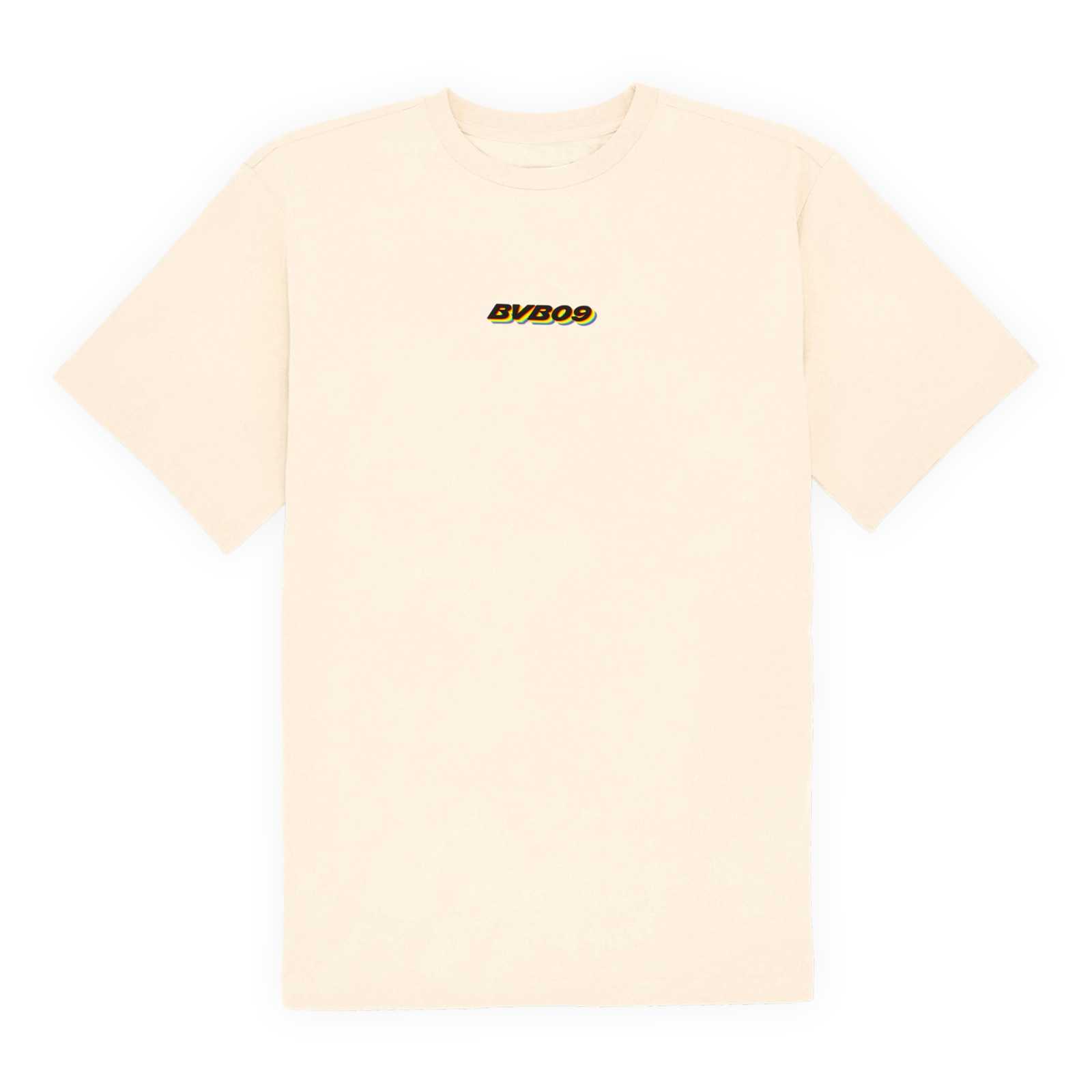 Vorderansicht des beigen BVB-T-Shirts mit schwarzem BVB09-Aufdruck mit Regenbogenschatten auf der Brust