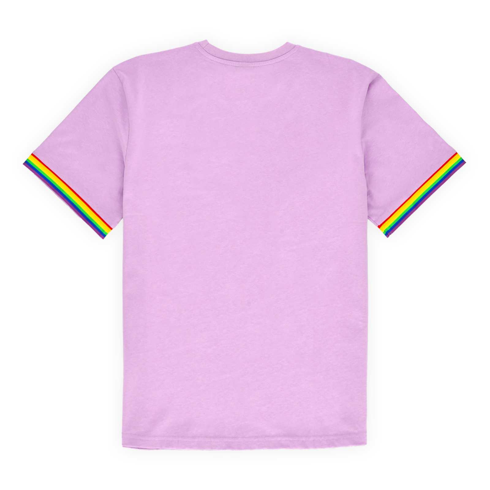 Rückansicht des lila BVB-T-Shirts mit Regenbogenfarben an den Ärmel-Bündchen.